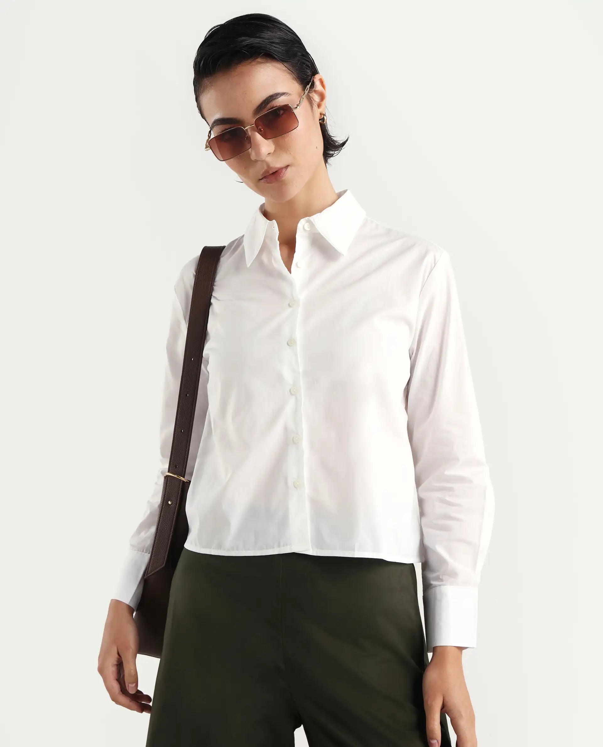 Rareism Women's Charon White Drop Collar Plain Cuffed Sleeve Regular Fit Top
