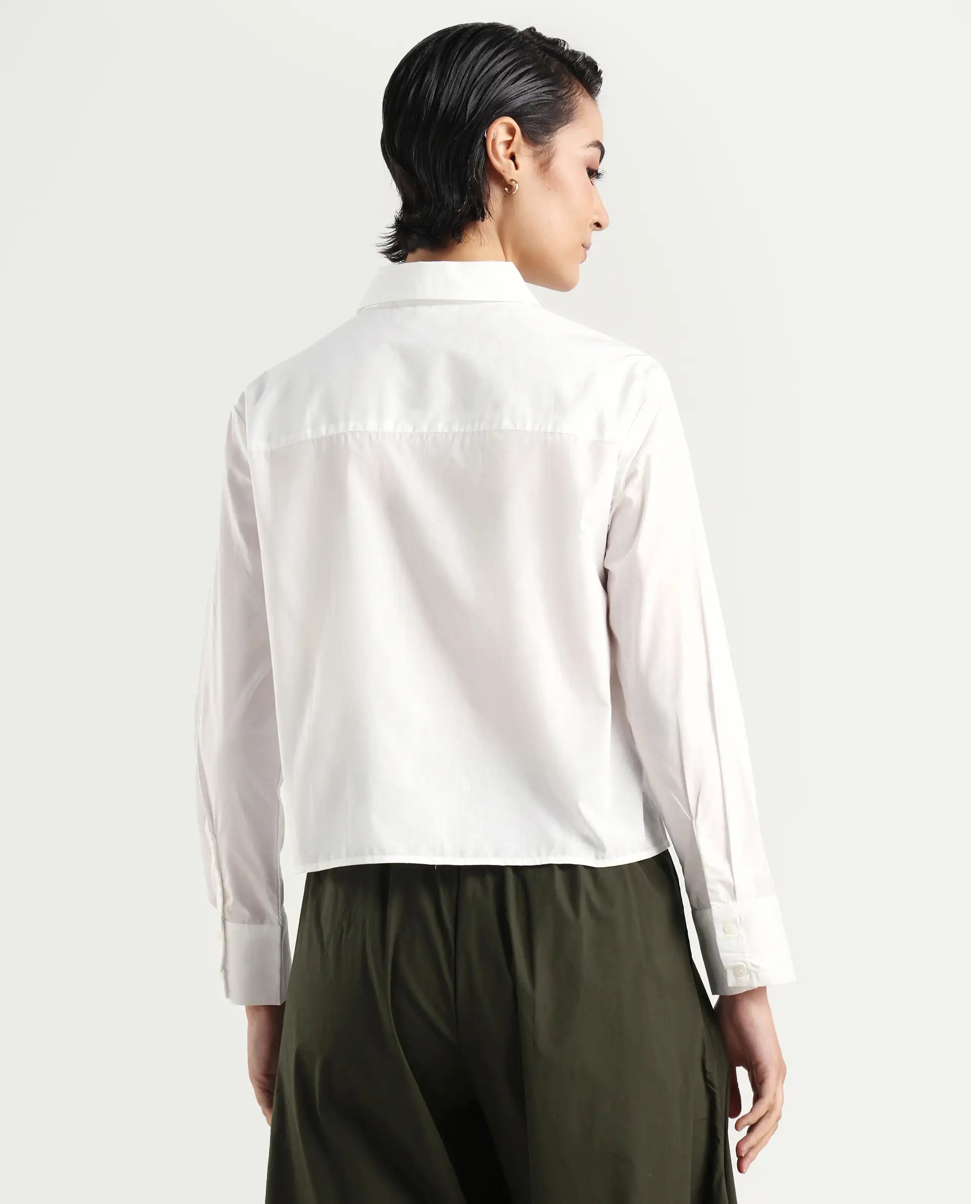 Rareism Women's Charon White Drop Collar Plain Cuffed Sleeve Regular Fit Top