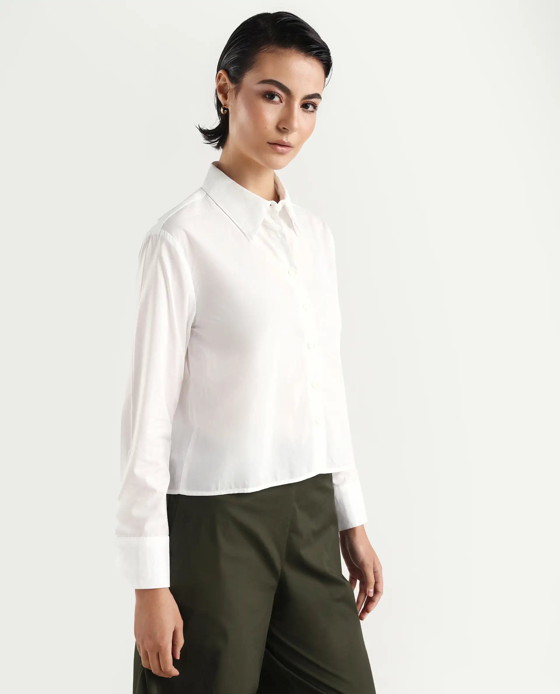 Rareism Women's Charon White Drop Collar Plain Cuffed Sleeve Regular Fit Top
