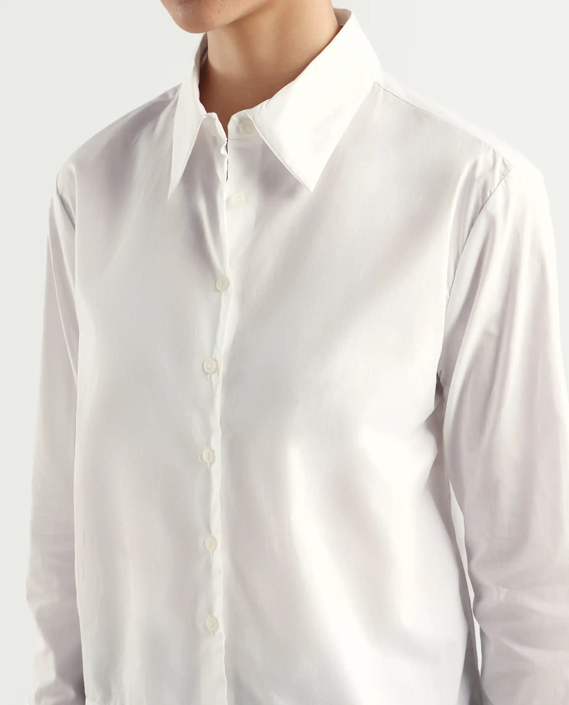 Rareism Women's Charon White Drop Collar Plain Cuffed Sleeve Regular Fit Top