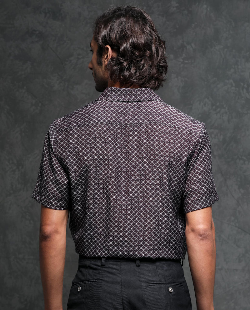 Rare Rabbit Men's Chart Brown Viscose Nylon Fabric Cuban Collar Geometric Print Half Sleeves Shirt