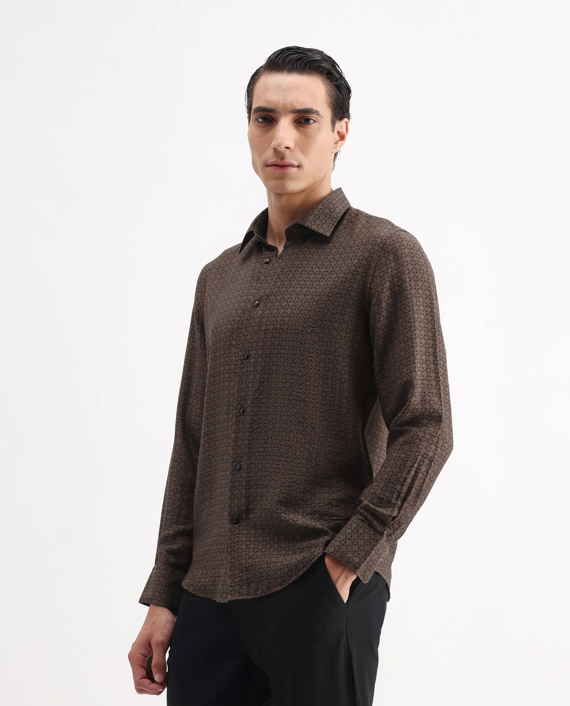 Rare Rabbit Men's Chas Brown Viscose Blend Monogram Print Regular Fit Full Sleeve Collared Shirt