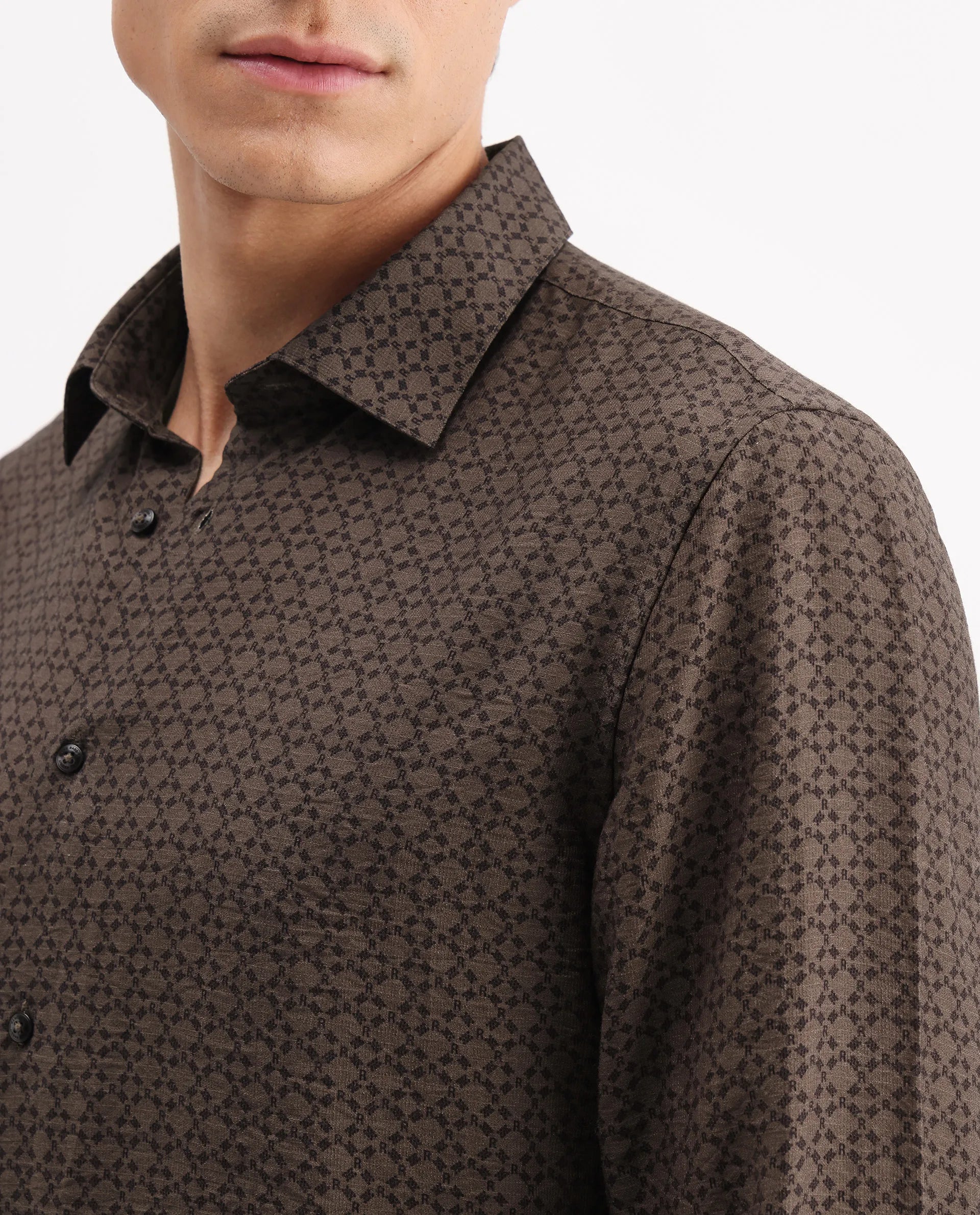Rare Rabbit Men's Chas Brown Viscose Blend Monogram Print Regular Fit Full Sleeve Collared Shirt
