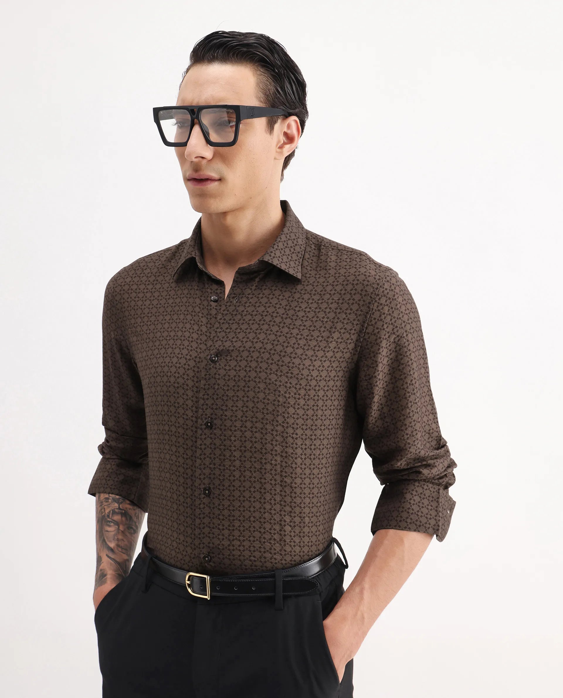 Rare Rabbit Men's Chas Brown Viscose Blend Monogram Print Regular Fit Full Sleeve Collared Shirt