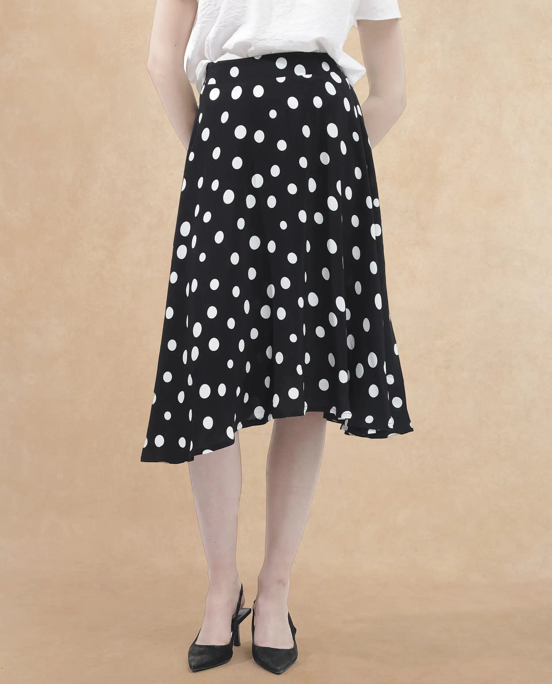 Rareism Women's Chatton Black Polyester Blend Polka Print Knee Length Flared Skirt