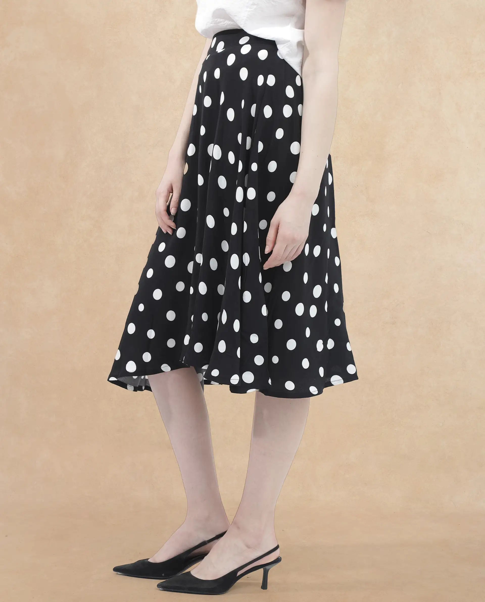 Rareism Women's Chatton Black Polyester Blend Polka Print Knee Length Flared Skirt