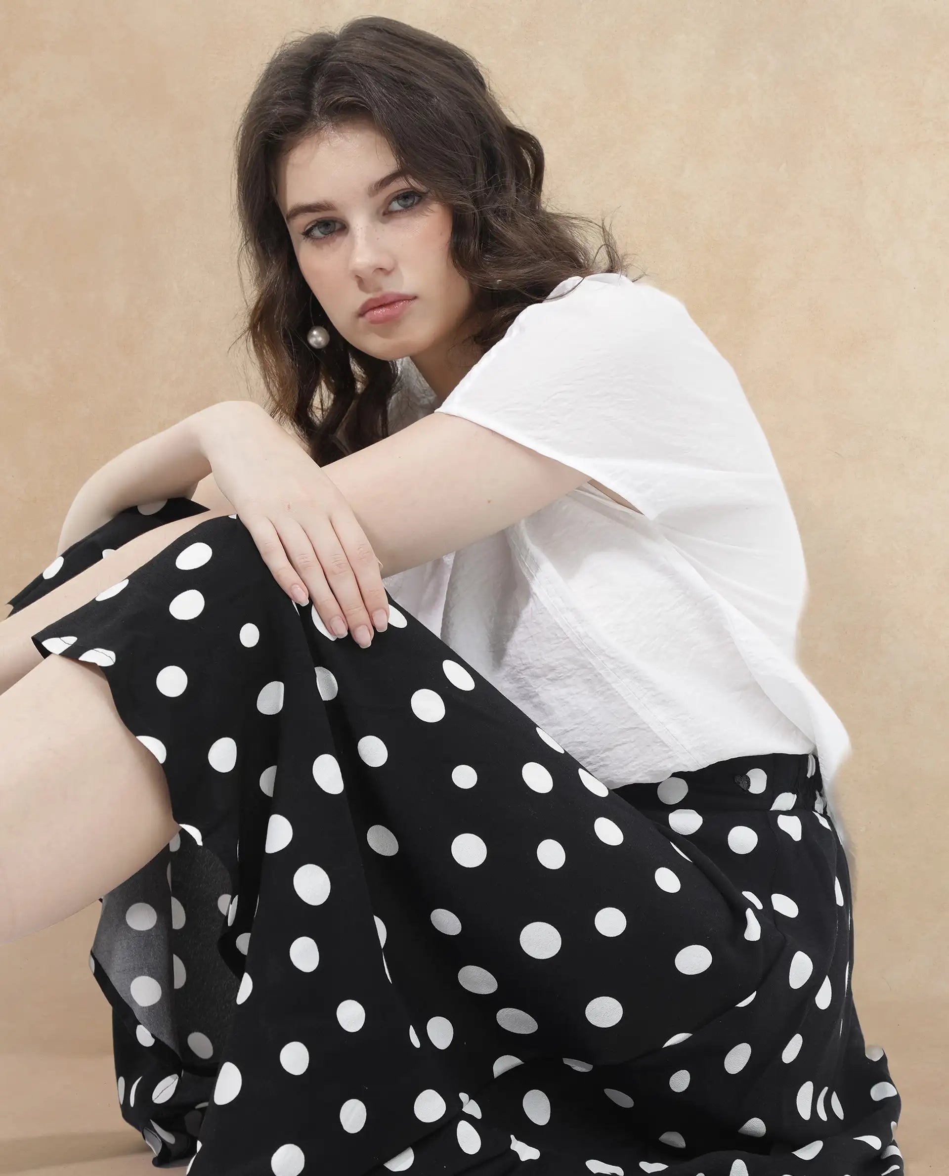 Rareism Women's Chatton Black Polyester Blend Polka Print Knee Length Flared Skirt