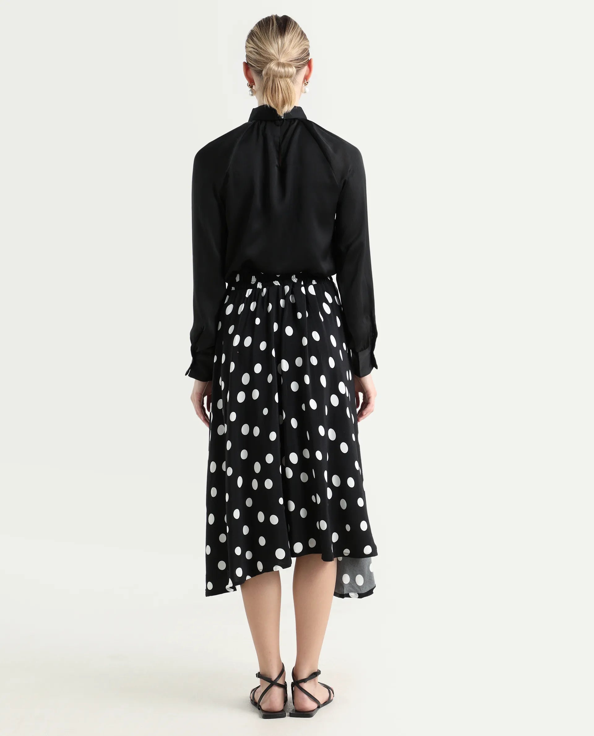 Rareism Women's Chatton Black Polyester Blend Polka Print Knee Length Flared Skirt