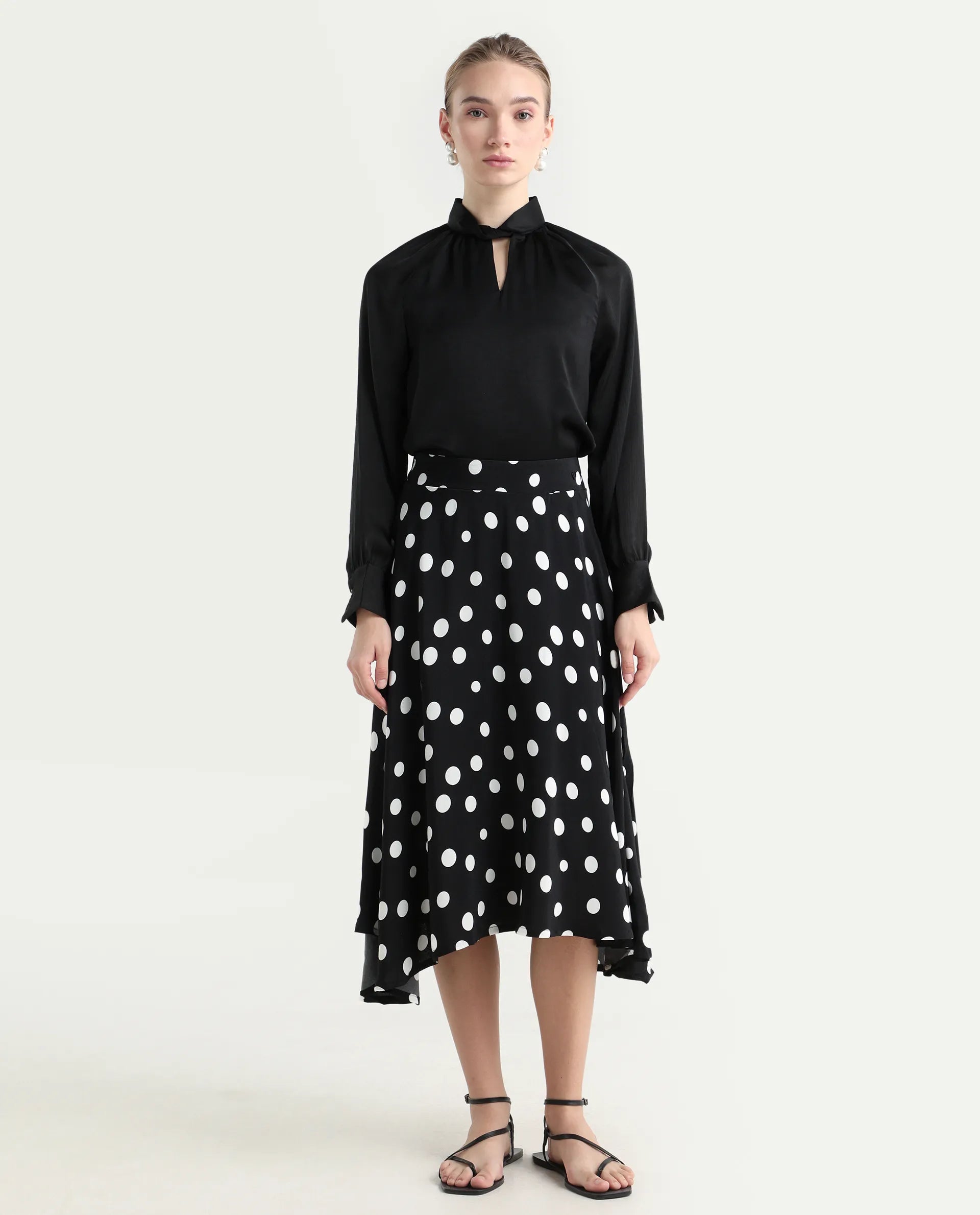 Rareism Women's Chatton Black Polyester Blend Polka Print Knee Length Flared Skirt