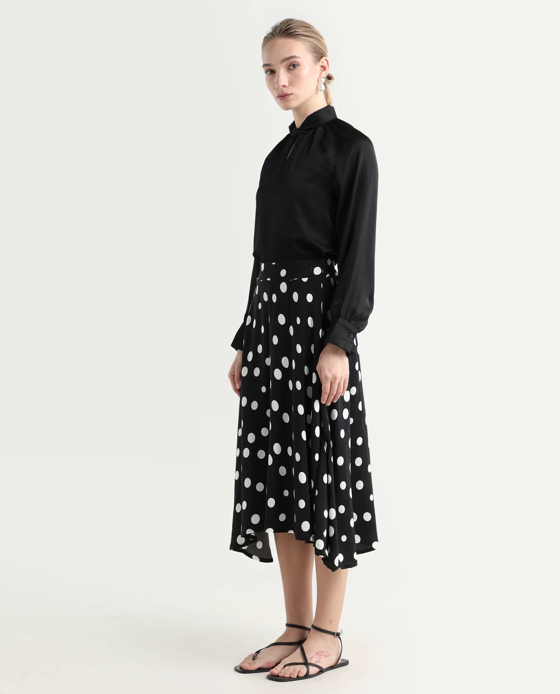 Rareism Women's Chatton Black Polyester Blend Polka Print Knee Length Flared Skirt