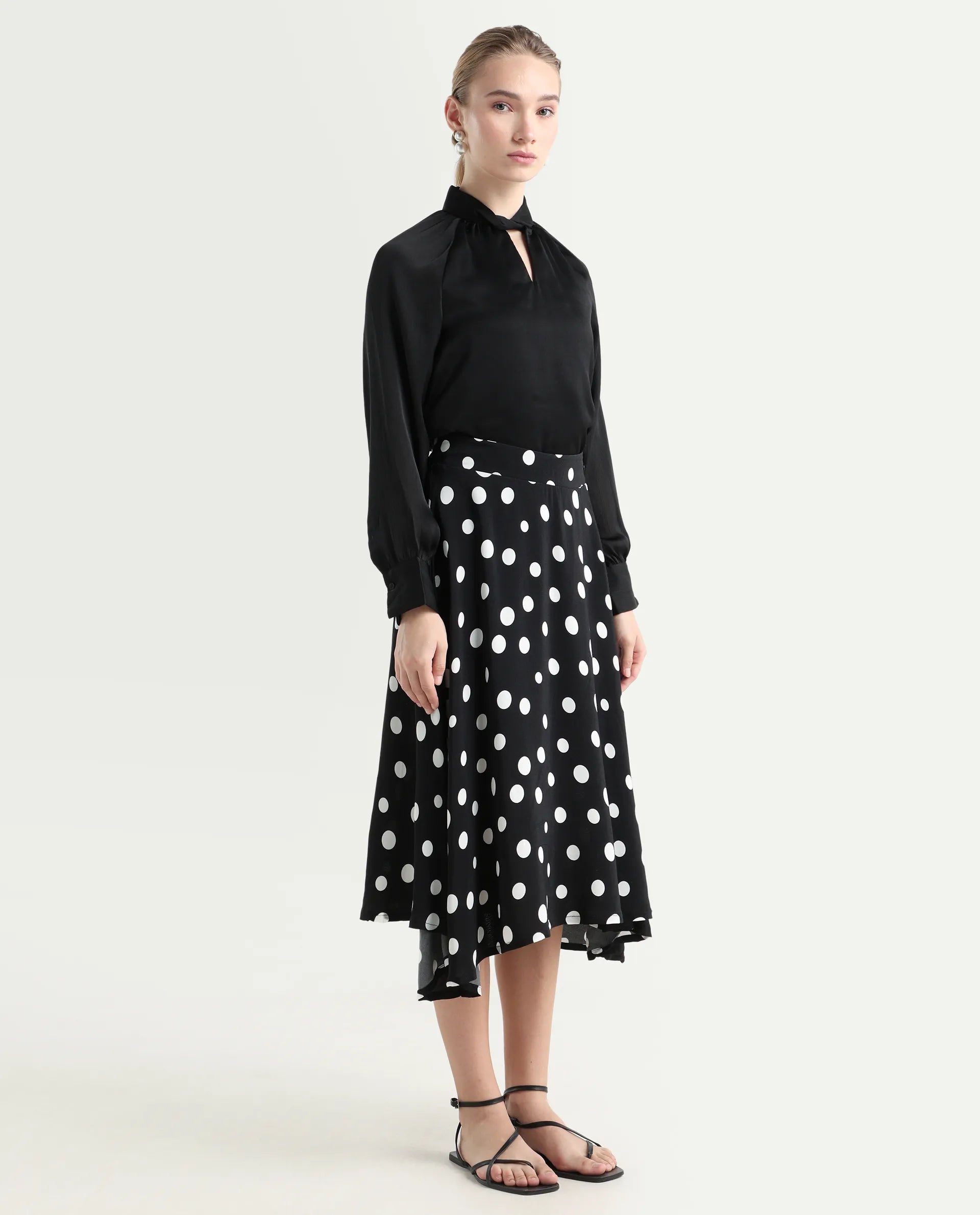 Rareism Women's Chatton Black Polyester Blend Polka Print Knee Length Flared Skirt