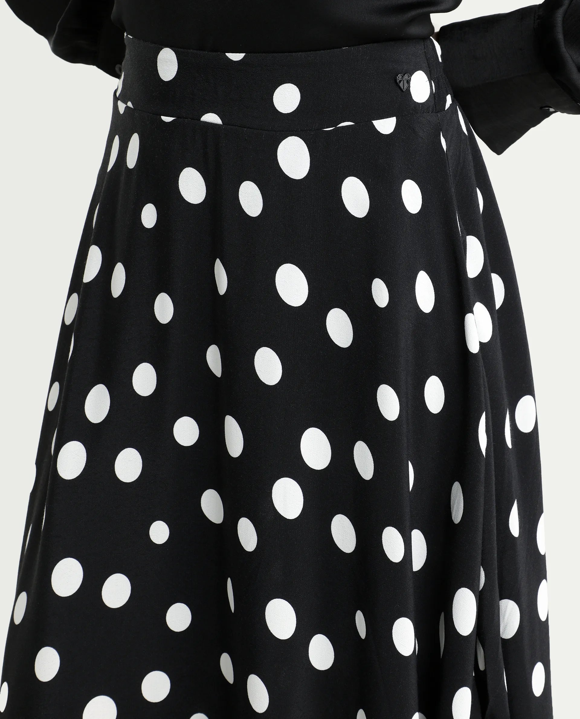 Rareism Women's Chatton Black Polyester Blend Polka Print Knee Length Flared Skirt