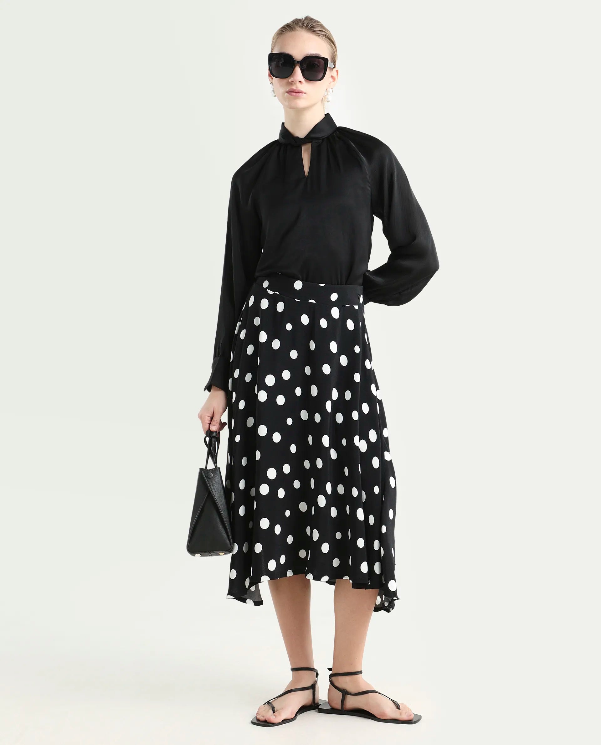 Rareism Women's Chatton Black Polyester Blend Polka Print Knee Length Flared Skirt