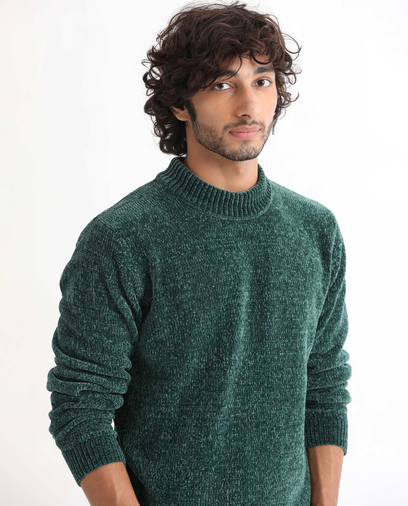 Rare Rabbit Mens Chen Green Sweater Polyester Fabric High Neck Knitted Full Sleeves Comfortable Fit