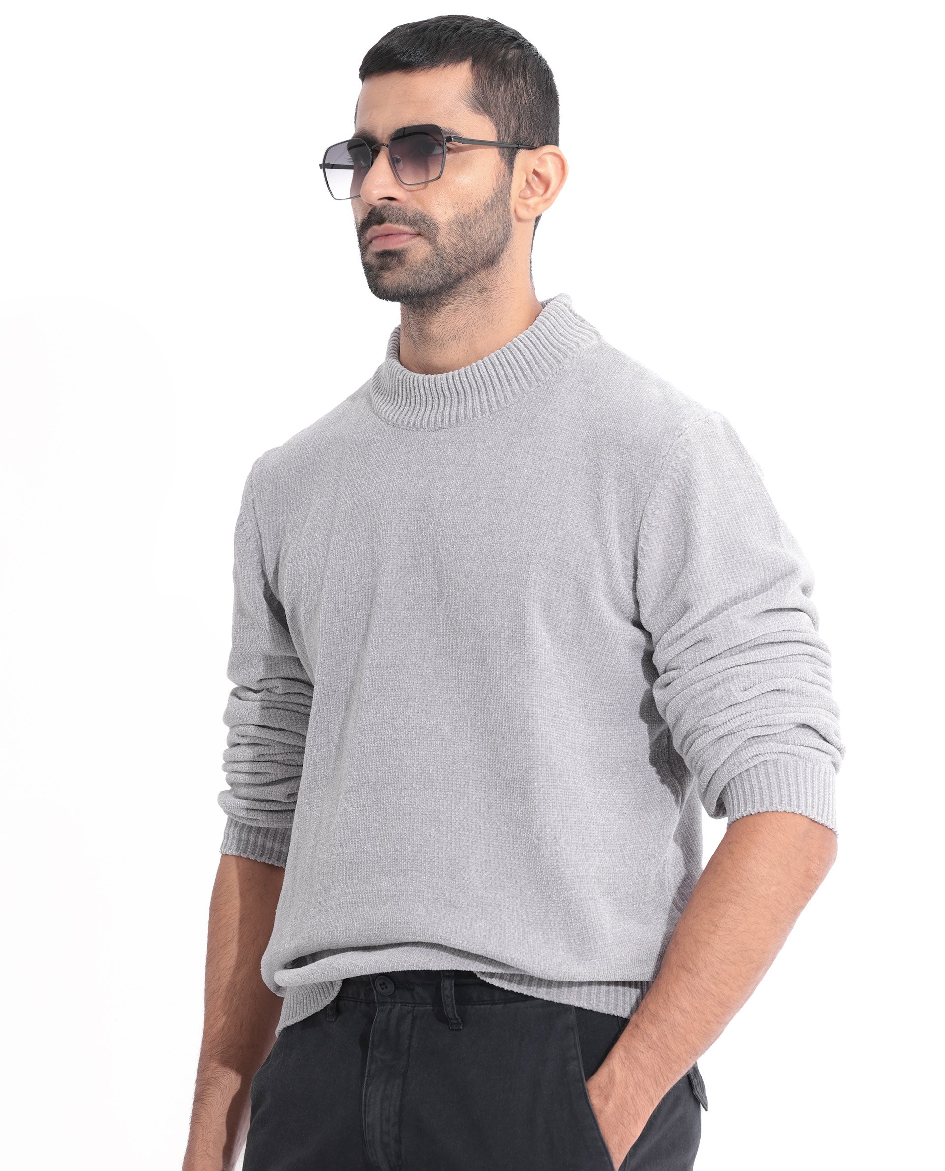 Rare Rabbit Mens Chenee Light Grey Sweater Full Sleeve Crew Neck Solid