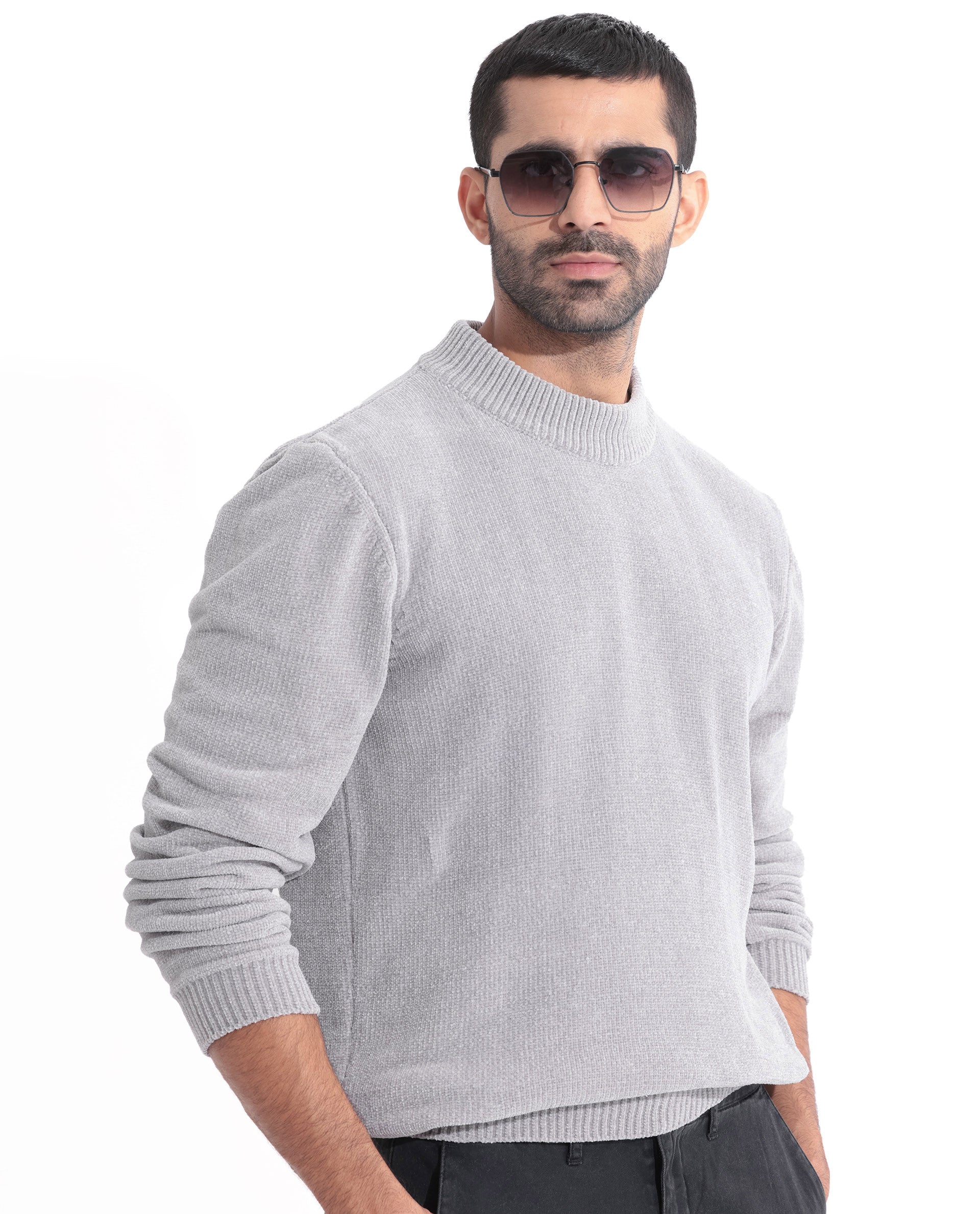 Rare Rabbit Mens Chenee Light Grey Sweater Full Sleeve Crew Neck Solid