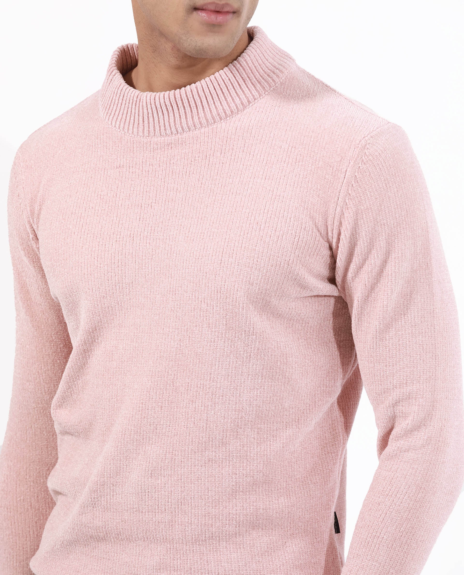 Rare Rabbit Men's Chenee Light Pink Textured Relaxed Fit Full Sleeve High Neck Sweater