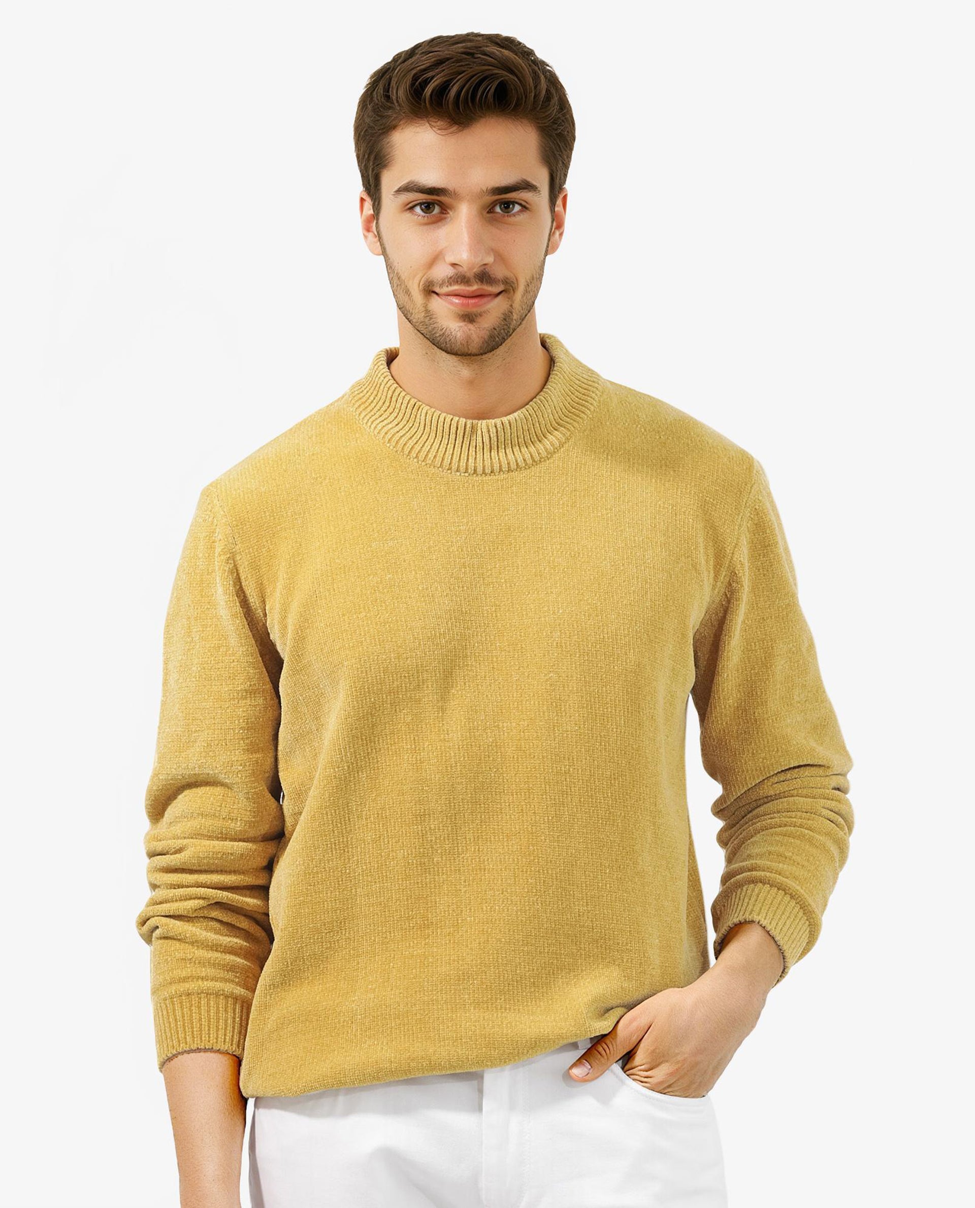 Rare Rabbit Men's Chenee Mustard Textured Relaxed Fit Full Sleeve High Neck Sweater