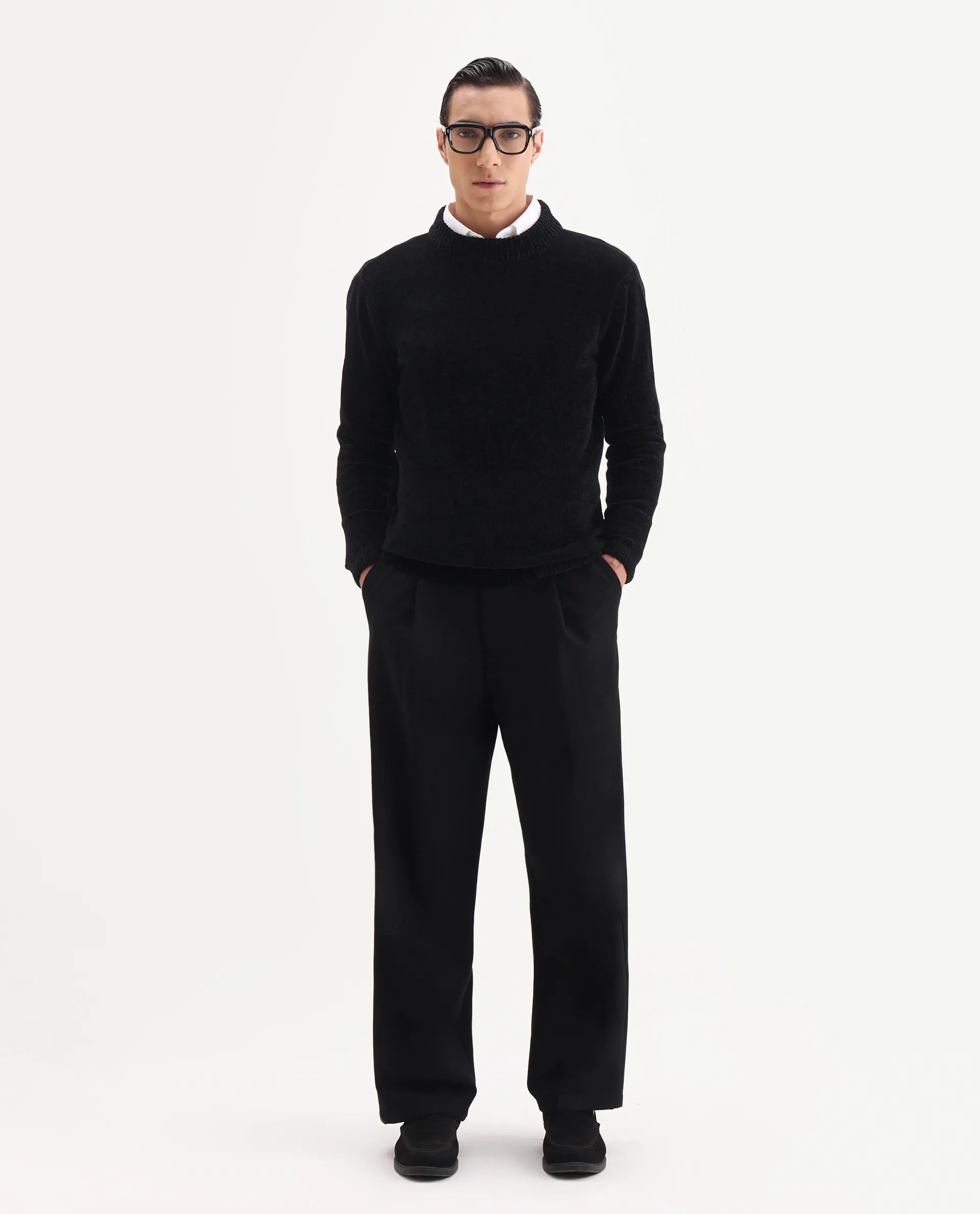 Rare Rabbit Men's Chens Black Polyester Fabric Full Sleeve Crew Neck Regular Plain Sweater