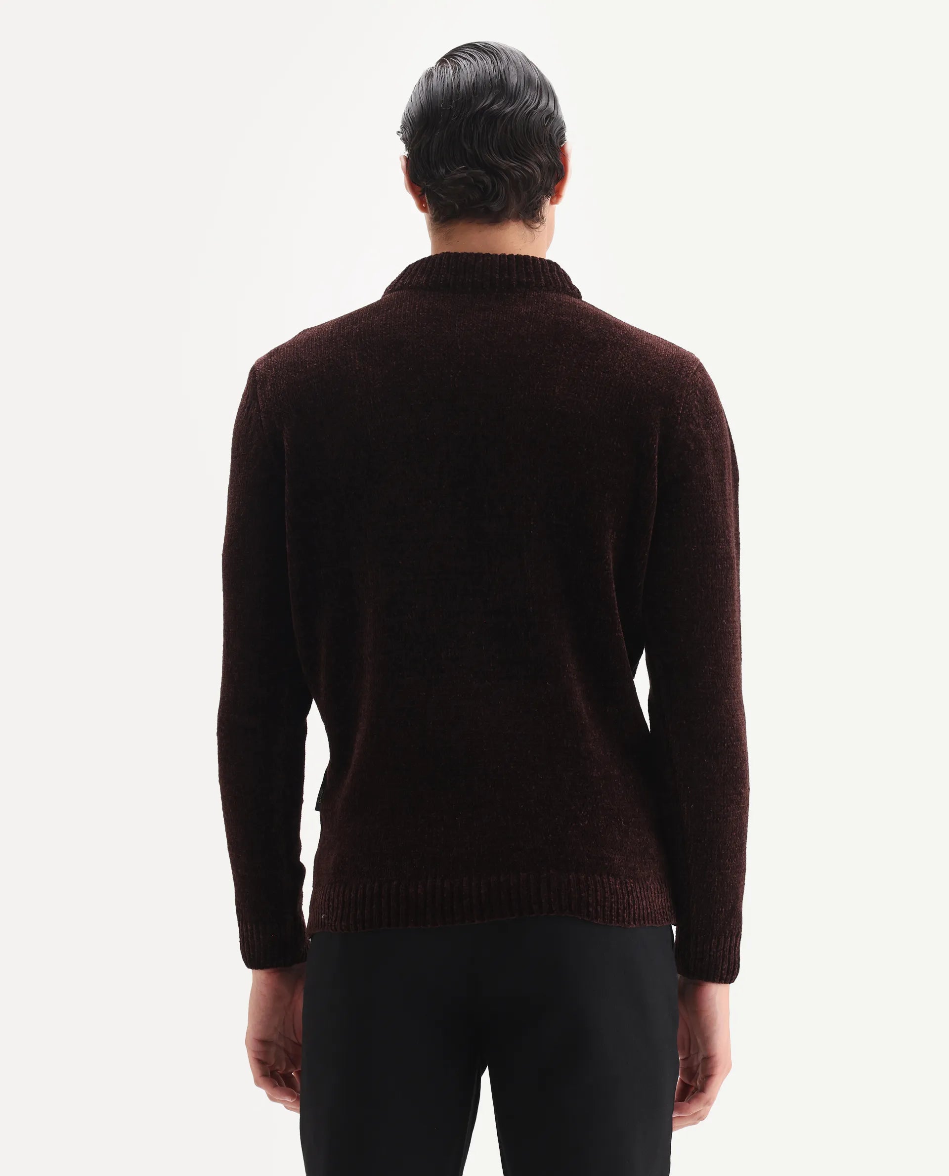 Rare Rabbit Men's Chens Dark Brown Polyester Fabric Full Sleeve Crew Neck Regular Plain Sweater