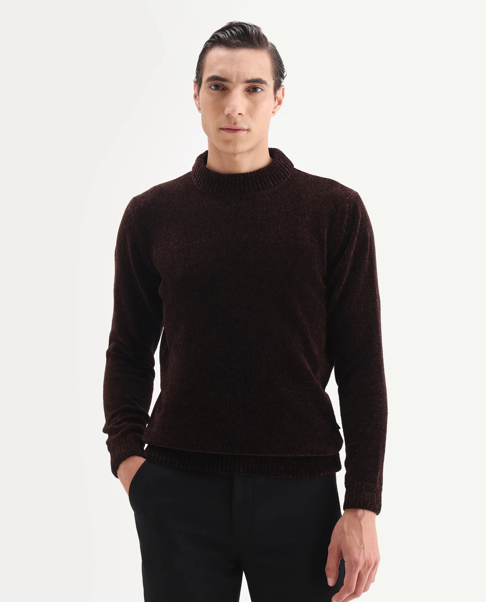 Rare Rabbit Men's Chens Dark Brown Polyester Fabric Full Sleeve Crew Neck Regular Plain Sweater