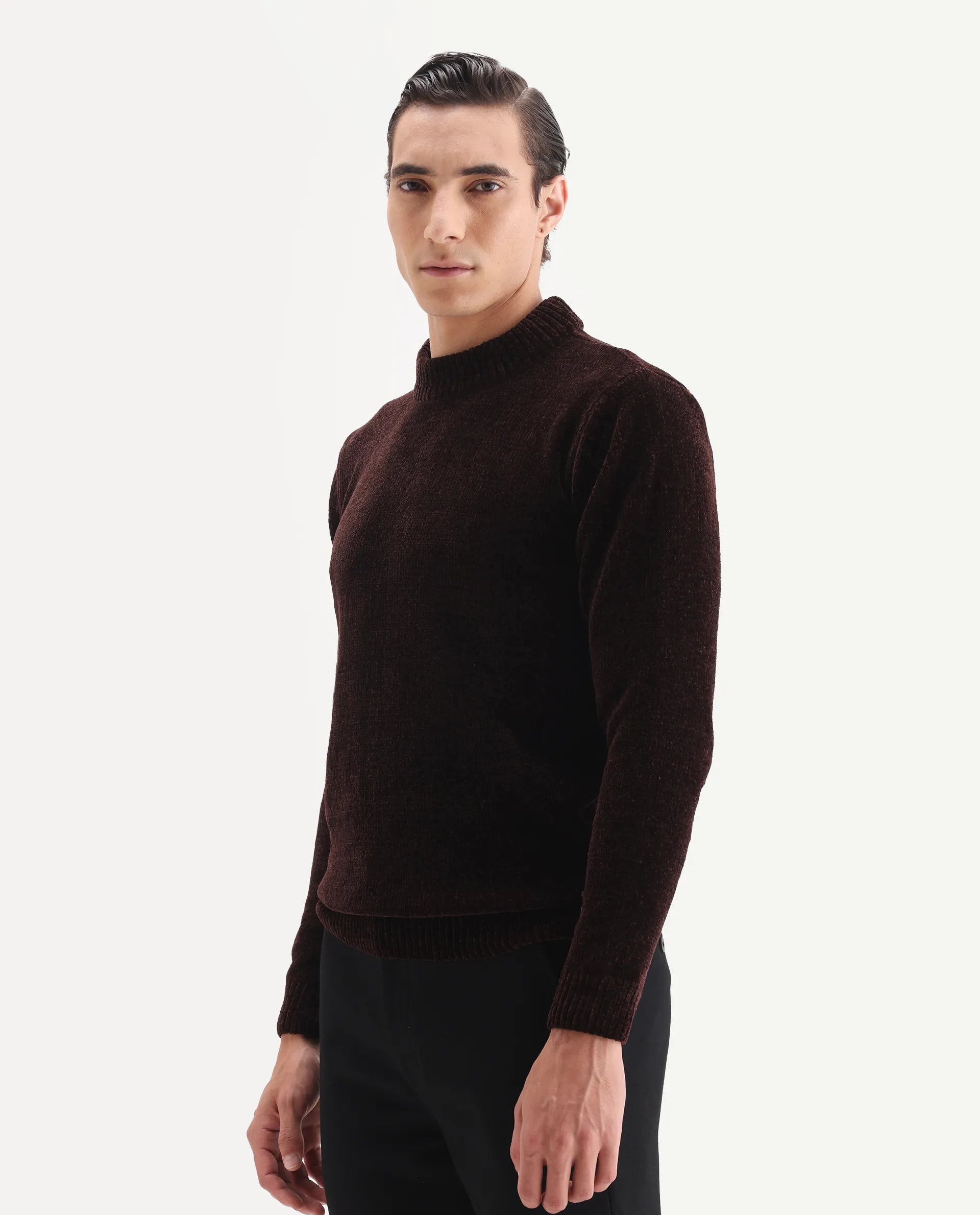 Rare Rabbit Men's Chens Dark Brown Polyester Fabric Full Sleeve Crew Neck Regular Plain Sweater