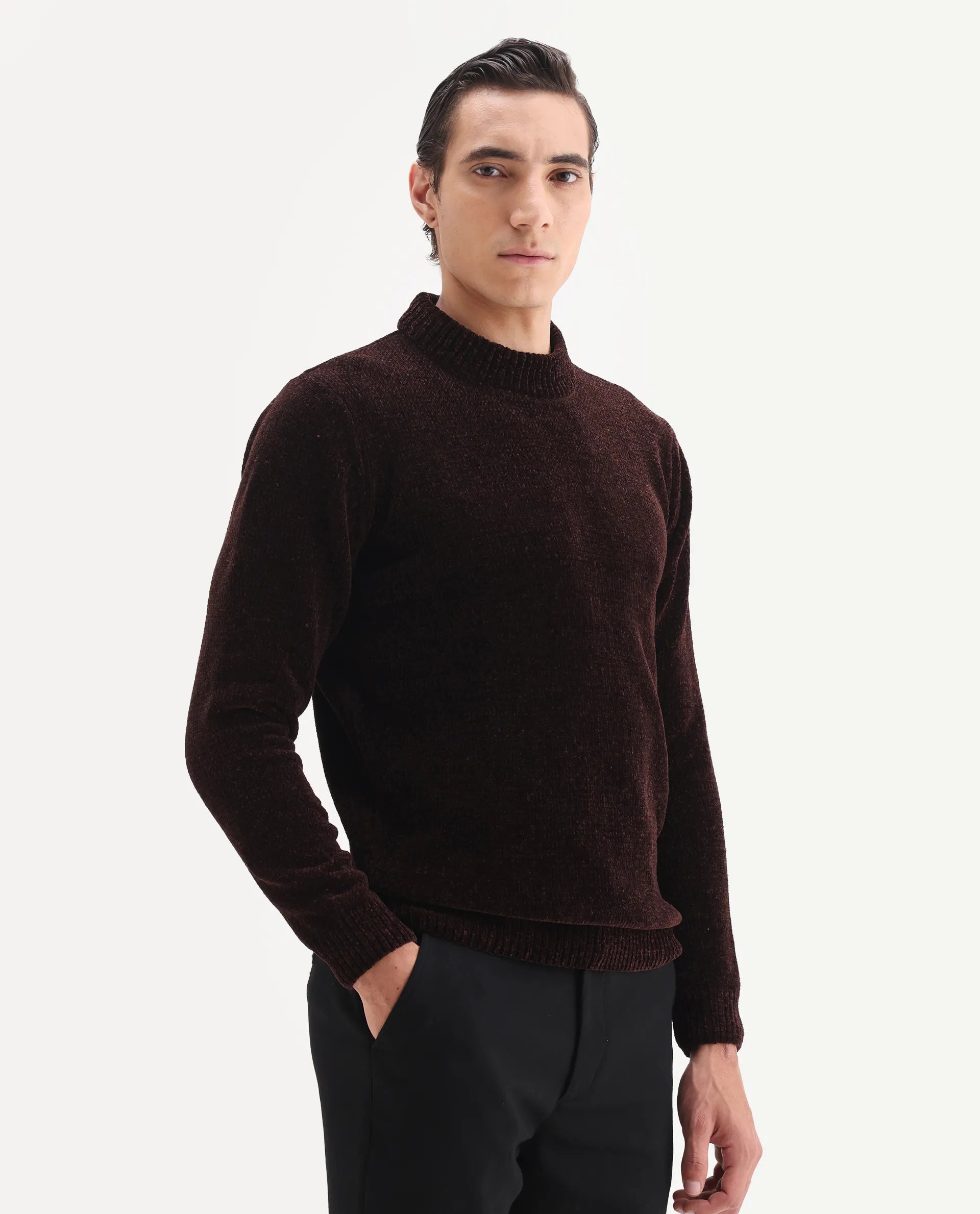Rare Rabbit Men's Chens Dark Brown Polyester Fabric Full Sleeve Crew Neck Regular Plain Sweater