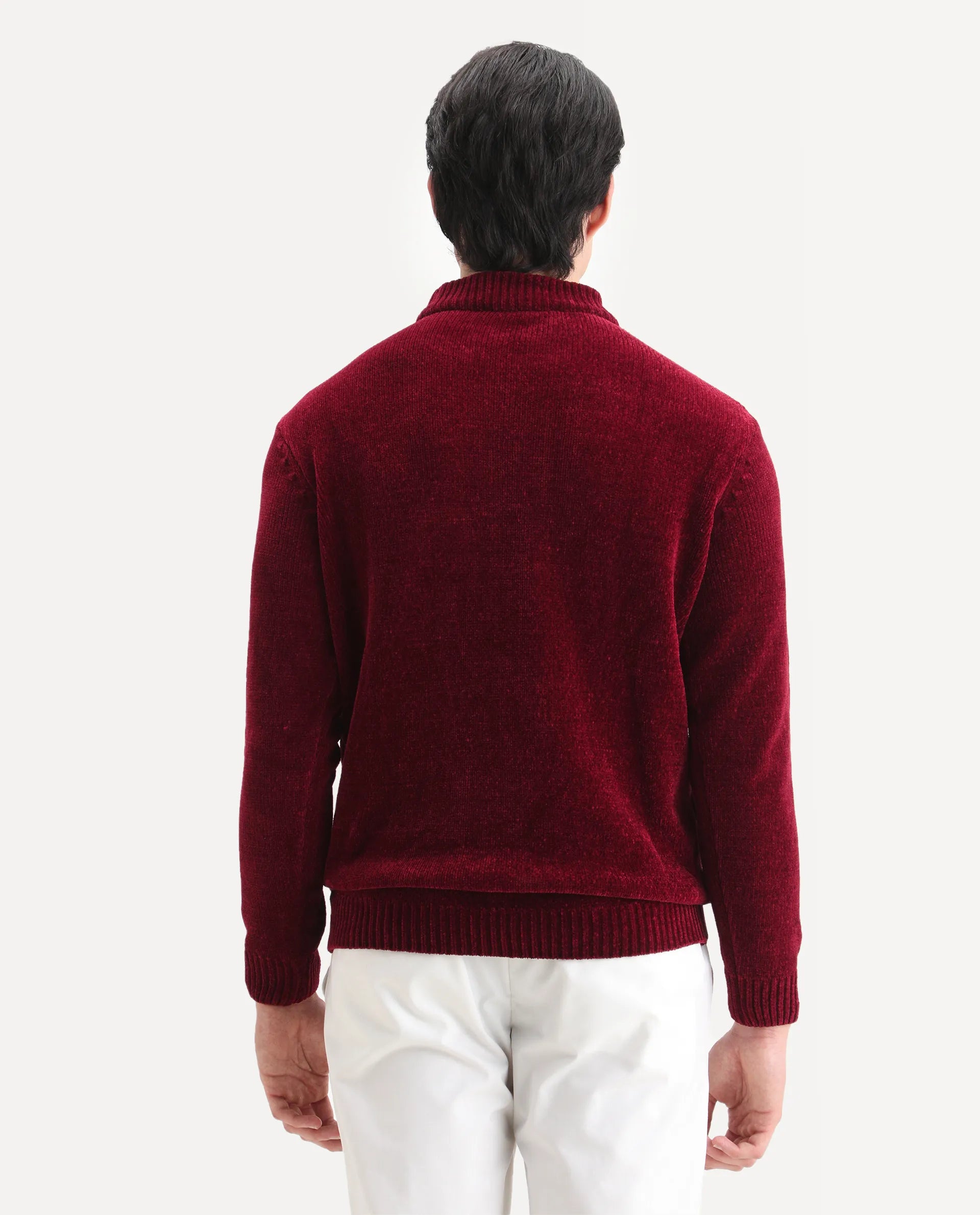 Rare Rabbit Men's Chens Red Chenille Plain Regular Fit Full Sleeve Crew Neck Sweater