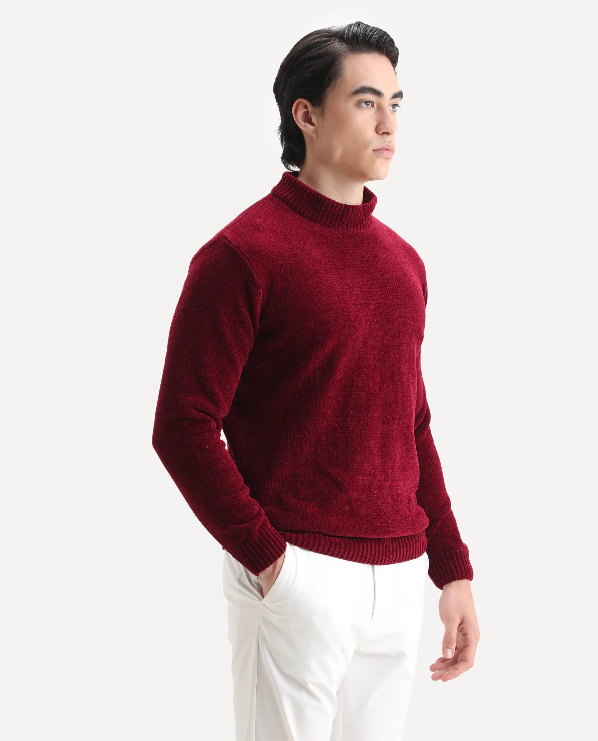 Rare Rabbit Men's Chens Red Chenille Plain Regular Fit Full Sleeve Crew Neck Sweater