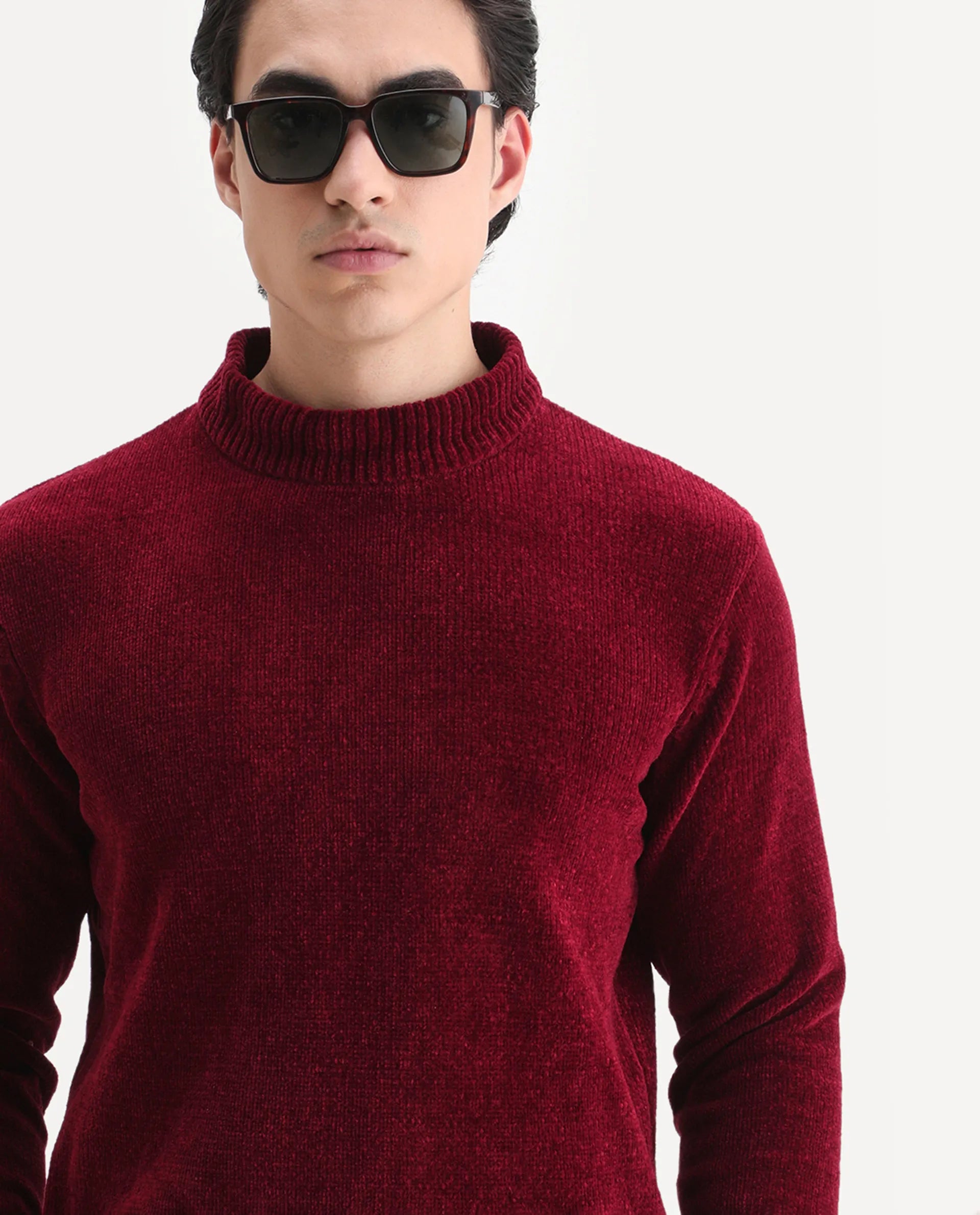 Rare Rabbit Men's Chens Red Chenille Plain Regular Fit Full Sleeve Crew Neck Sweater