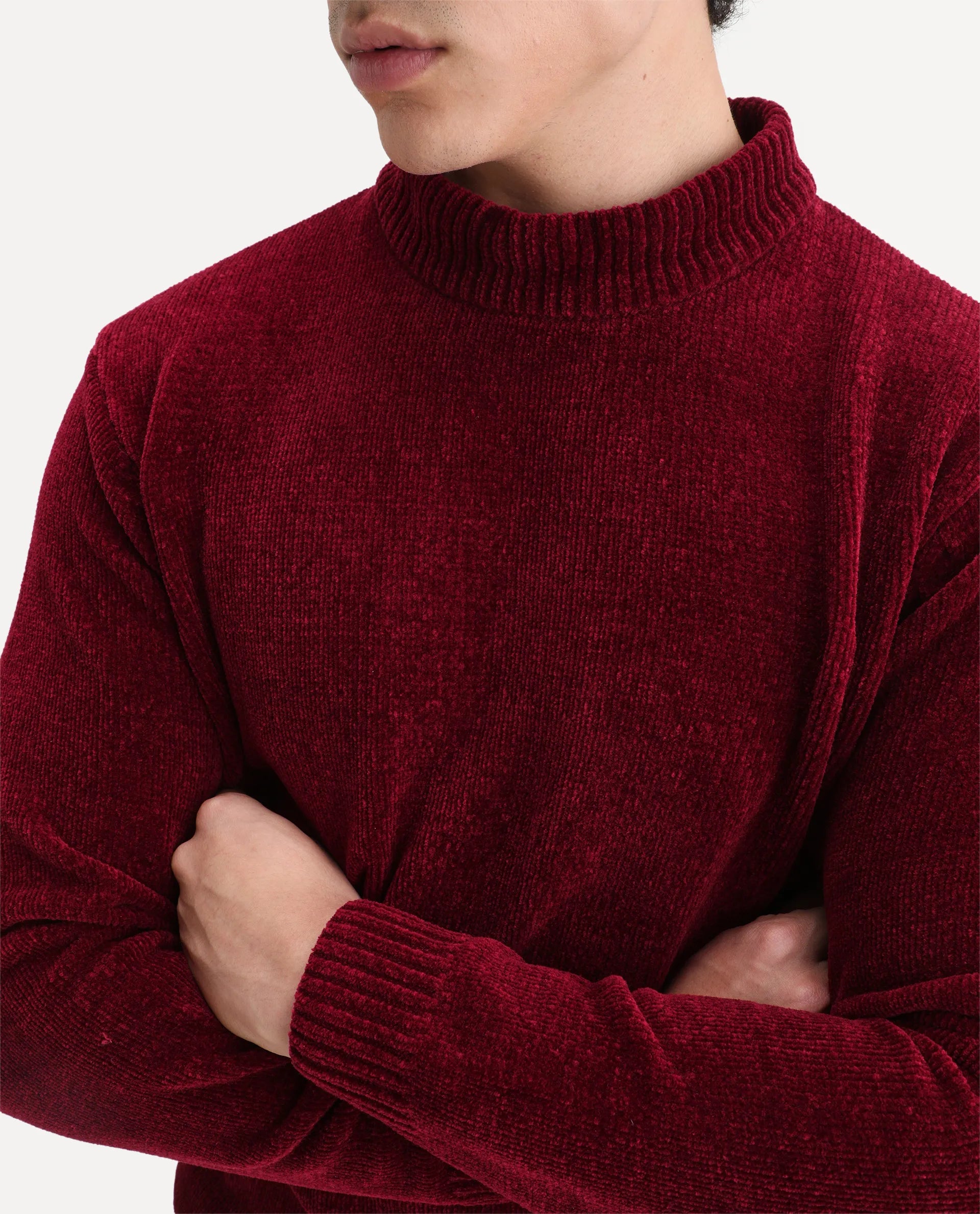 Rare Rabbit Men's Chens Red Chenille Plain Regular Fit Full Sleeve Crew Neck Sweater
