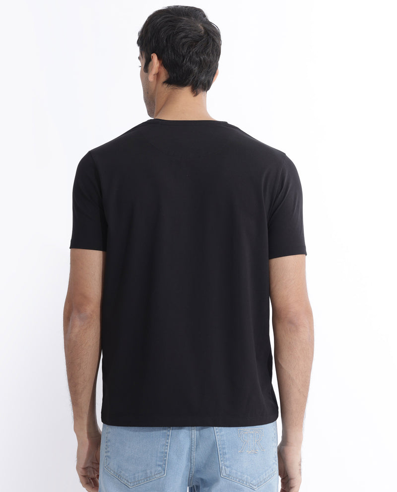 Rare Rabbit Men's Chent Black Cotton Lycra Fabric Half Sleeves Graphic Print T-Shirt