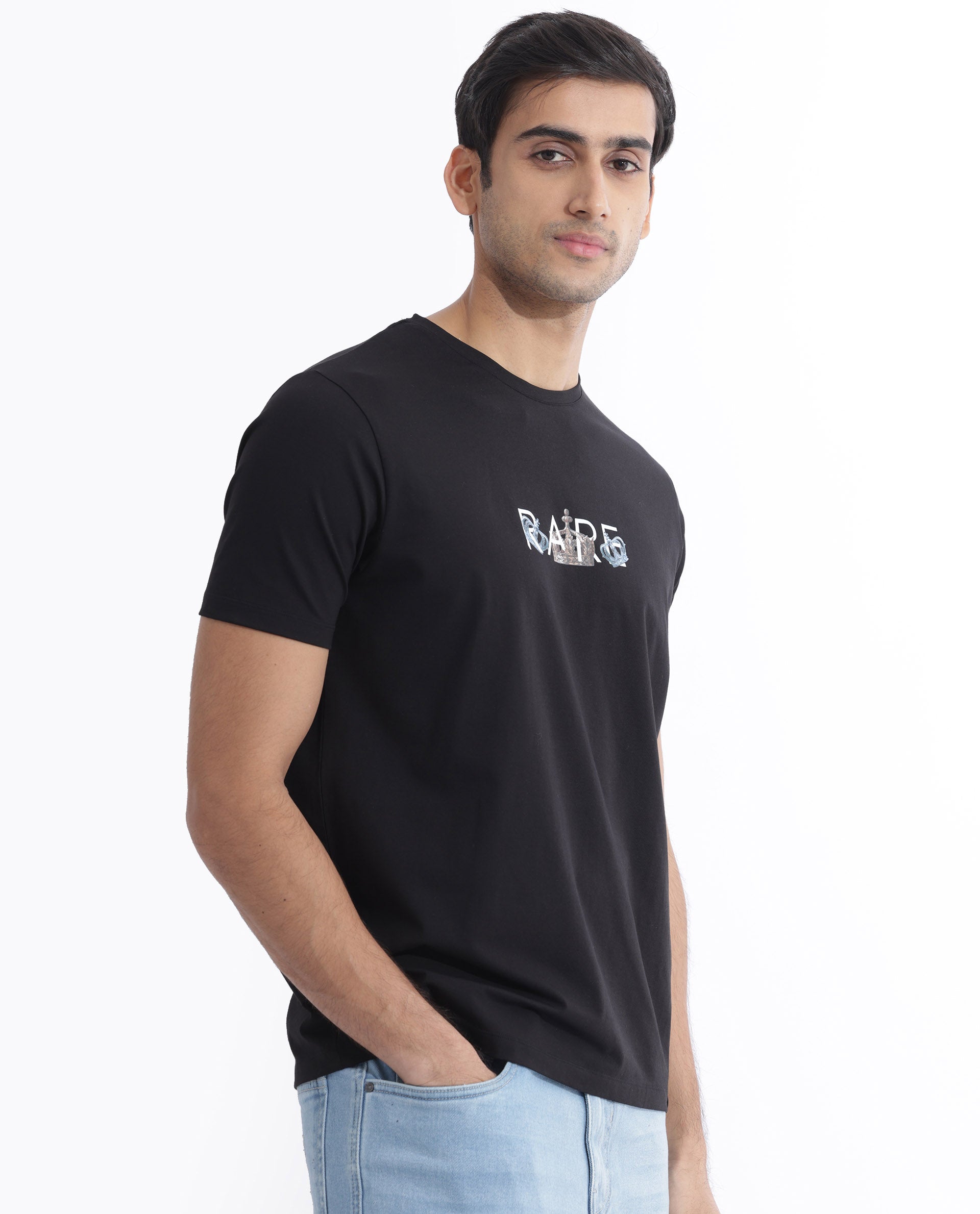 Rare Rabbit Men's Chent Black Cotton Lycra Fabric Half Sleeves Graphic Print T-Shirt