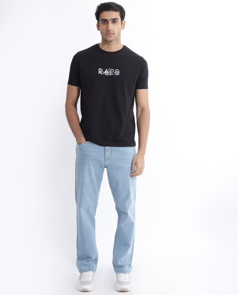Rare Rabbit Men's Chent Black Cotton Lycra Fabric Half Sleeves Graphic Print T-Shirt
