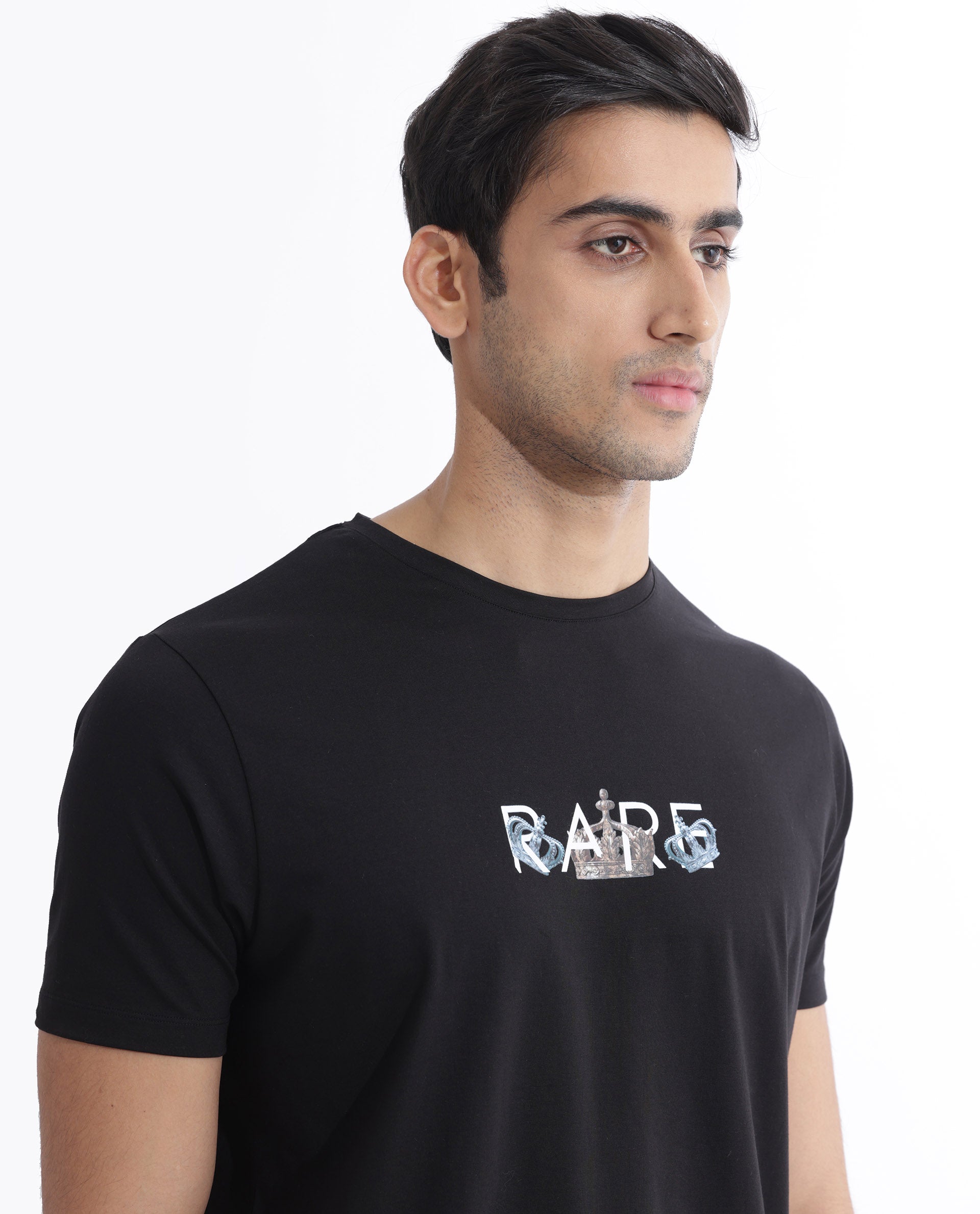 Rare Rabbit Men's Chent Black Cotton Lycra Fabric Half Sleeves Graphic Print T-Shirt