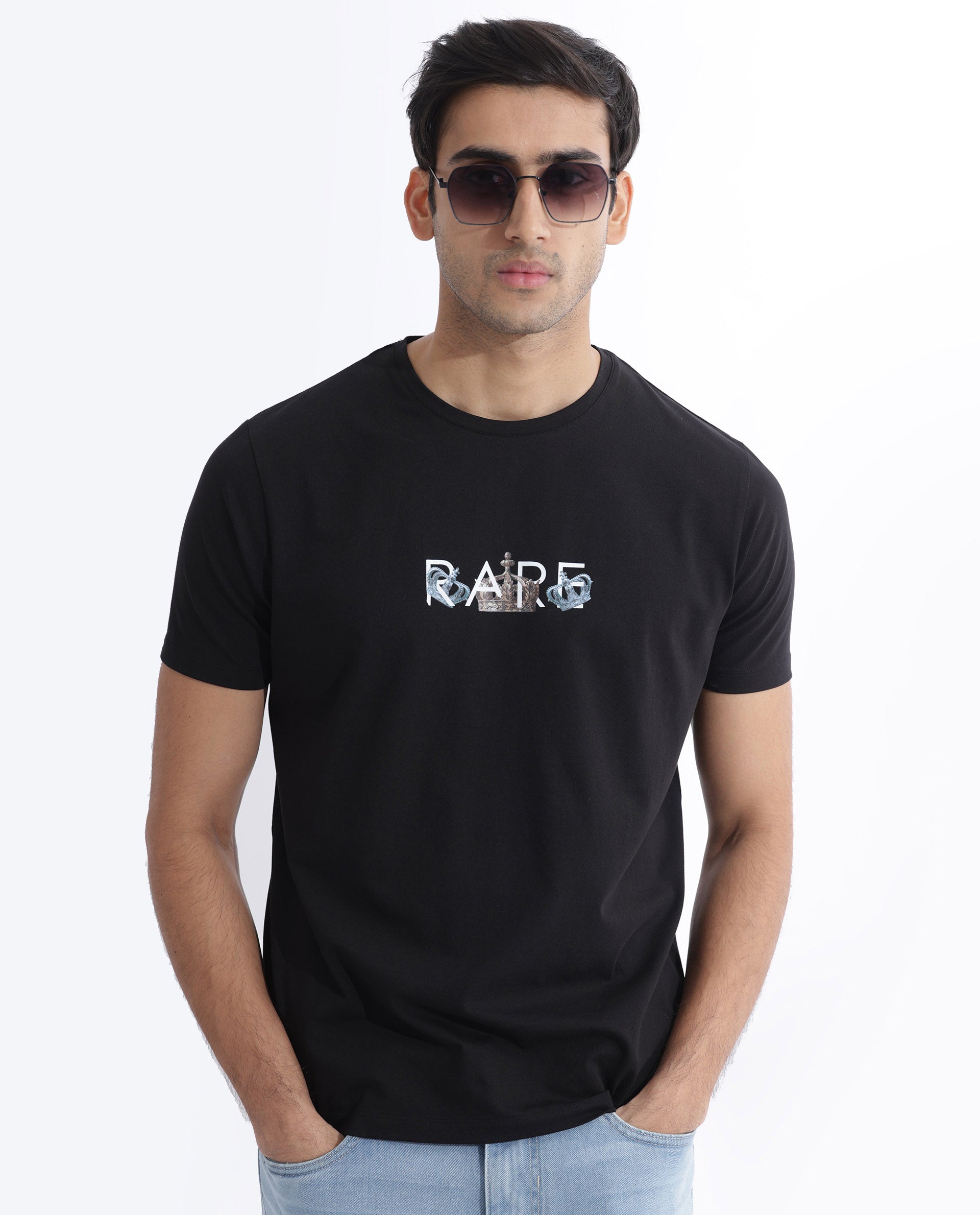 Rare Rabbit Men's Chent Black Cotton Lycra Fabric Half Sleeves Graphic Print T-Shirt