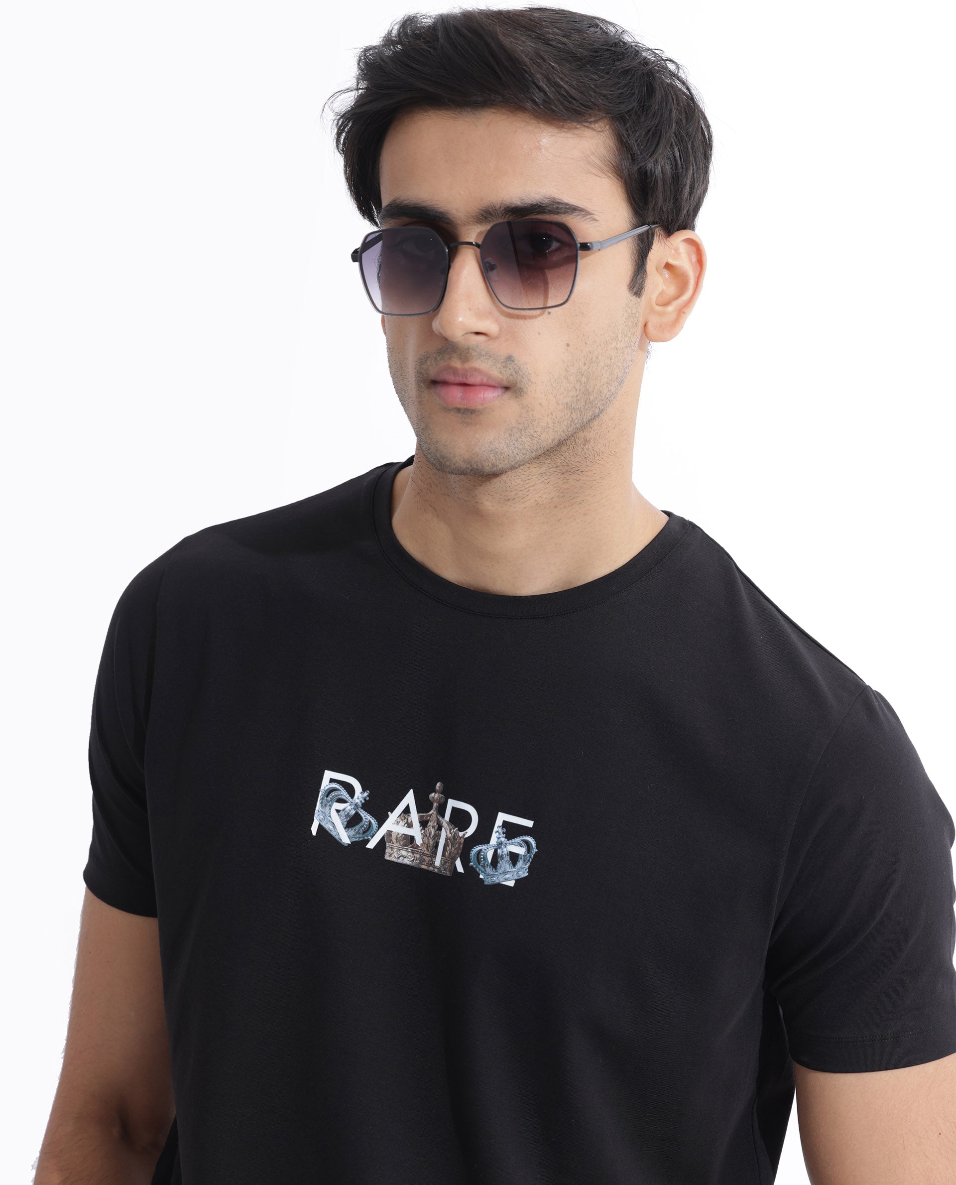 Rare Rabbit Men's Chent Black Cotton Lycra Fabric Half Sleeves Graphic Print T-Shirt