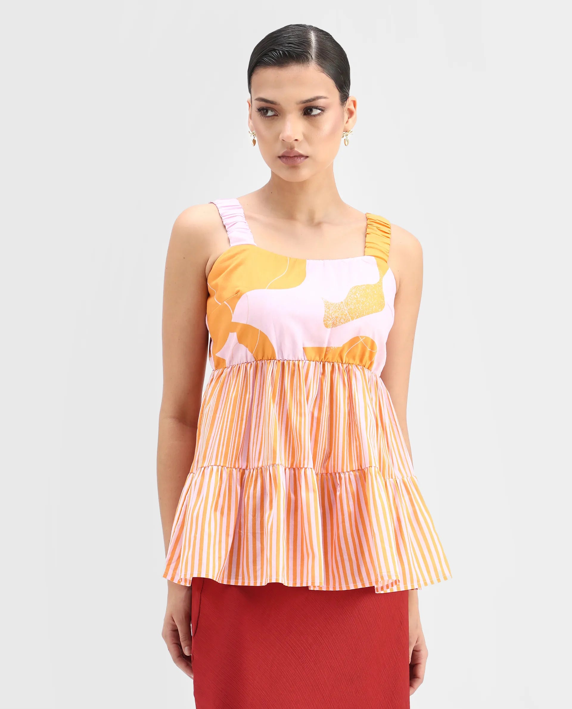 Rareism Women's Cherie Mustard Cotton Collarless Abstract Print Sleeveless Flared Top