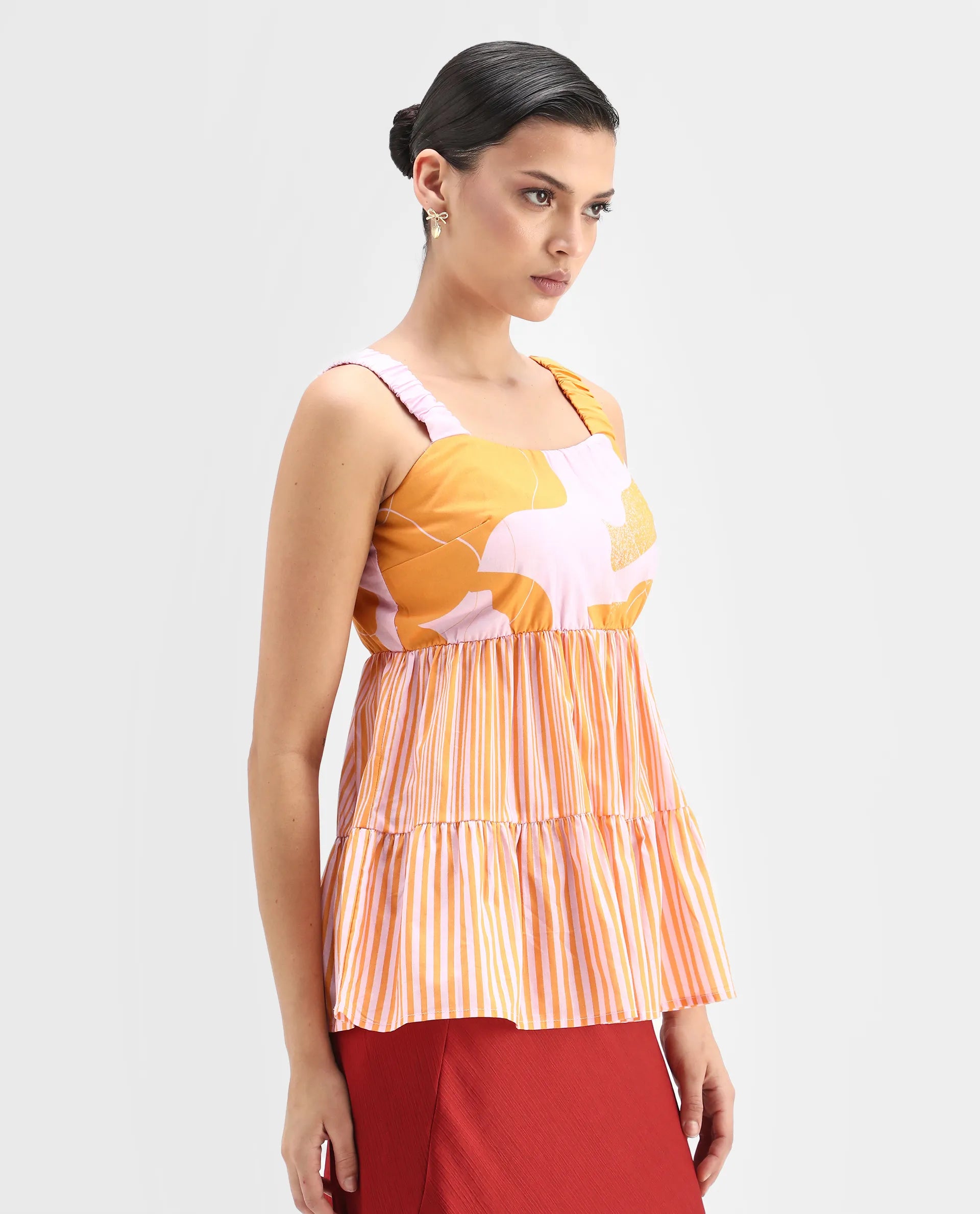 Rareism Women's Cherie Mustard Cotton Collarless Abstract Print Sleeveless Flared Top