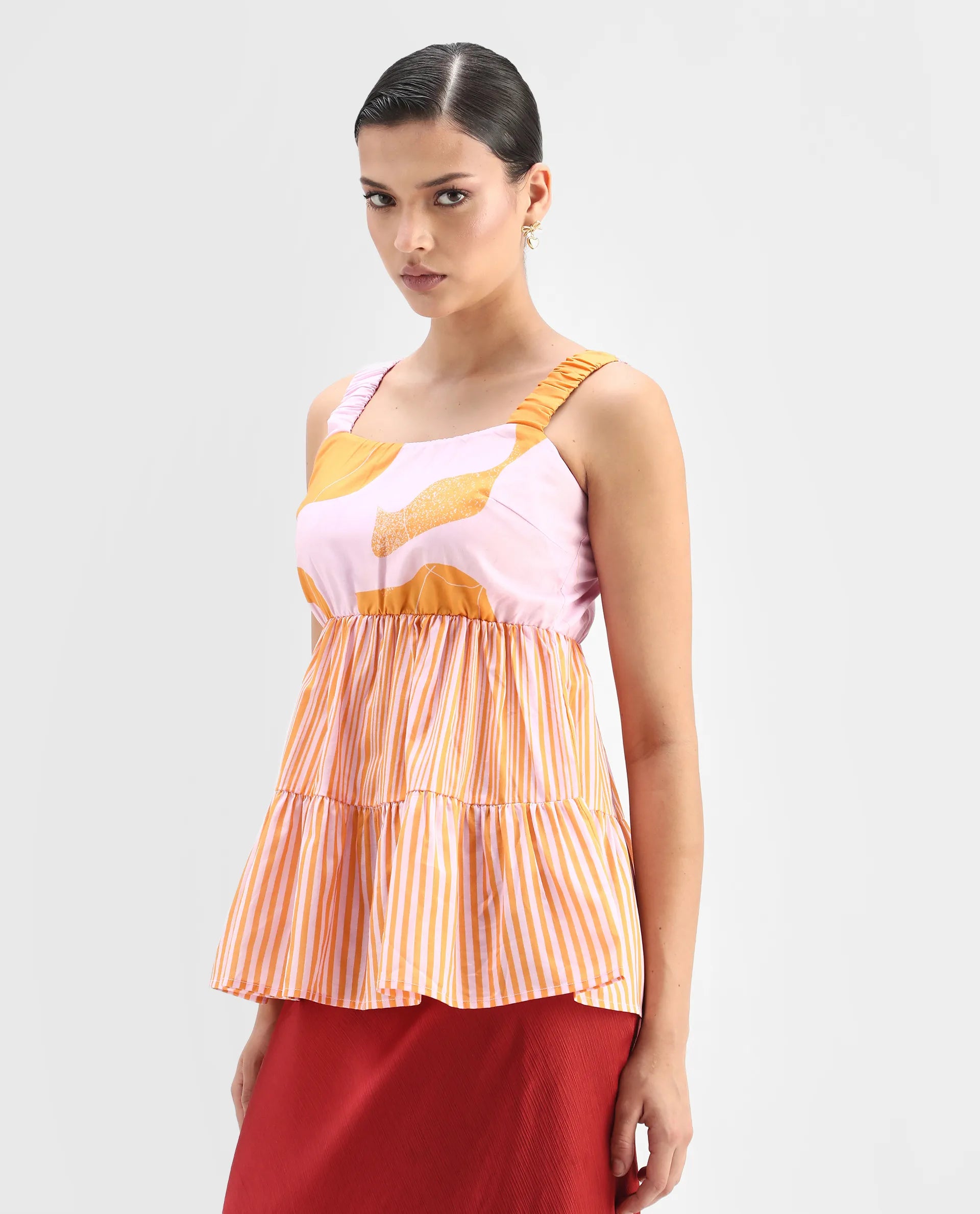 Rareism Women's Cherie Mustard Cotton Collarless Abstract Print Sleeveless Flared Top