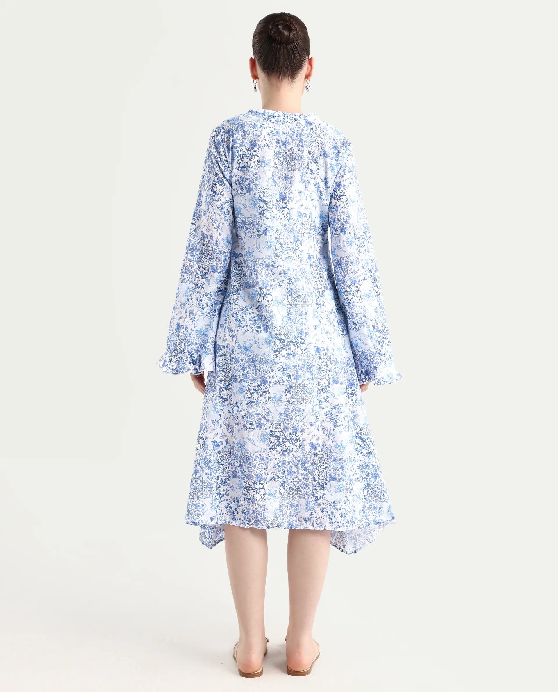 Rareism Women's Cherish Blue Cotton V-Neck Floral Print Knee Length Regular Fit Dress