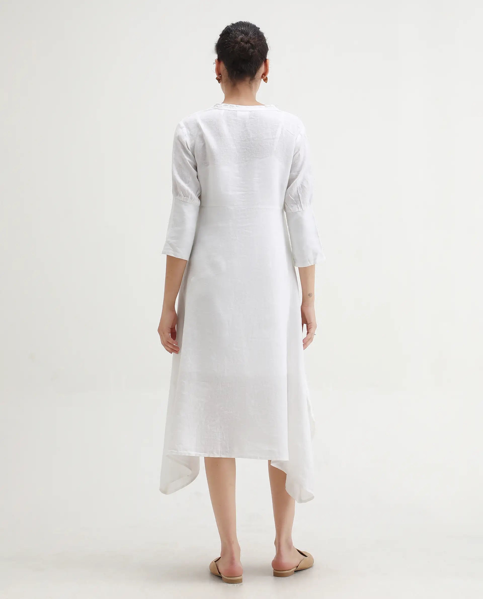 Rareism Women's Cherry 1 White Linen V-Neck Plain Extended Sleeves Knee Length Relaxed Fit Dress