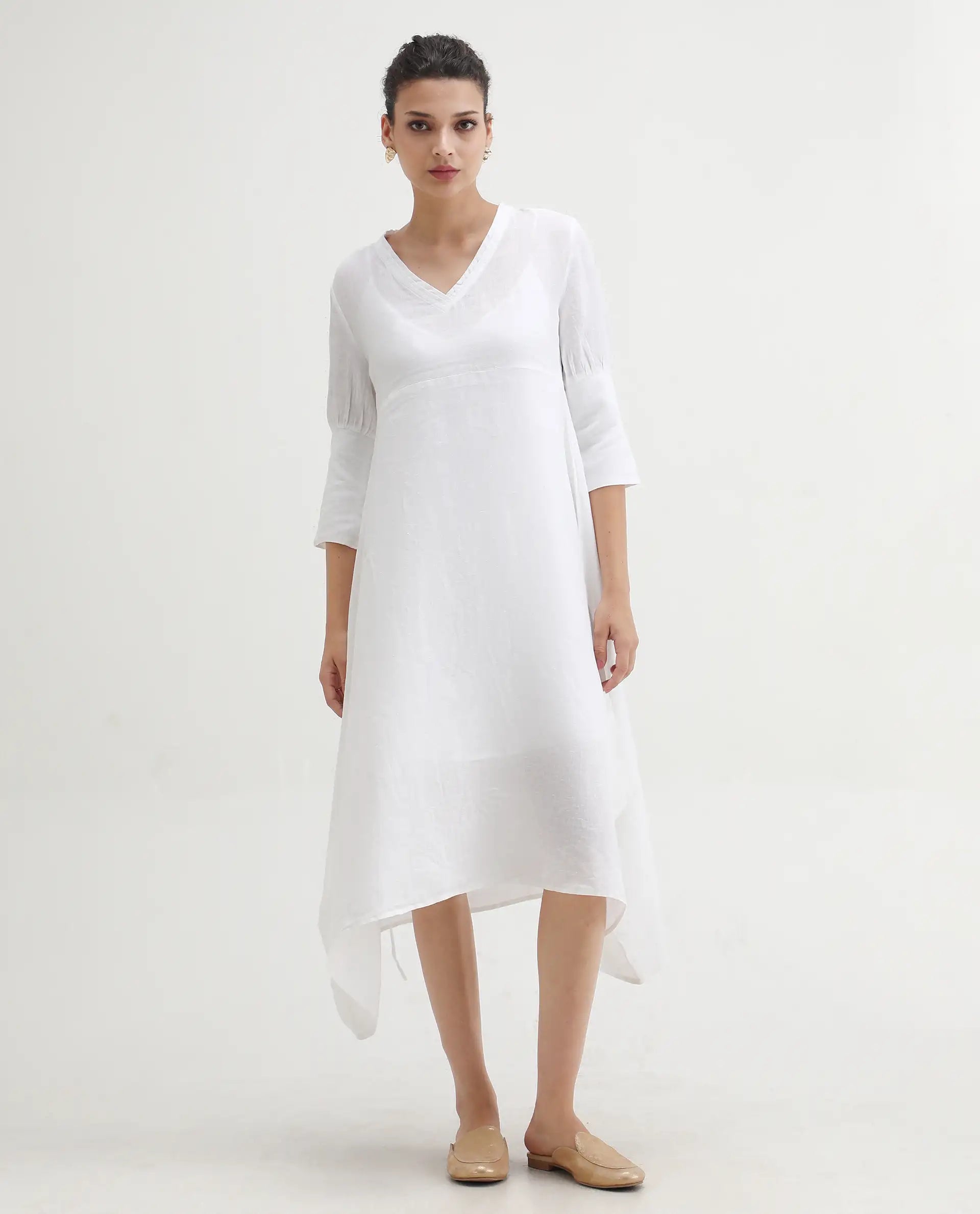 Rareism Women's Cherry 1 White Linen V-Neck Plain Extended Sleeves Knee Length Relaxed Fit Dress