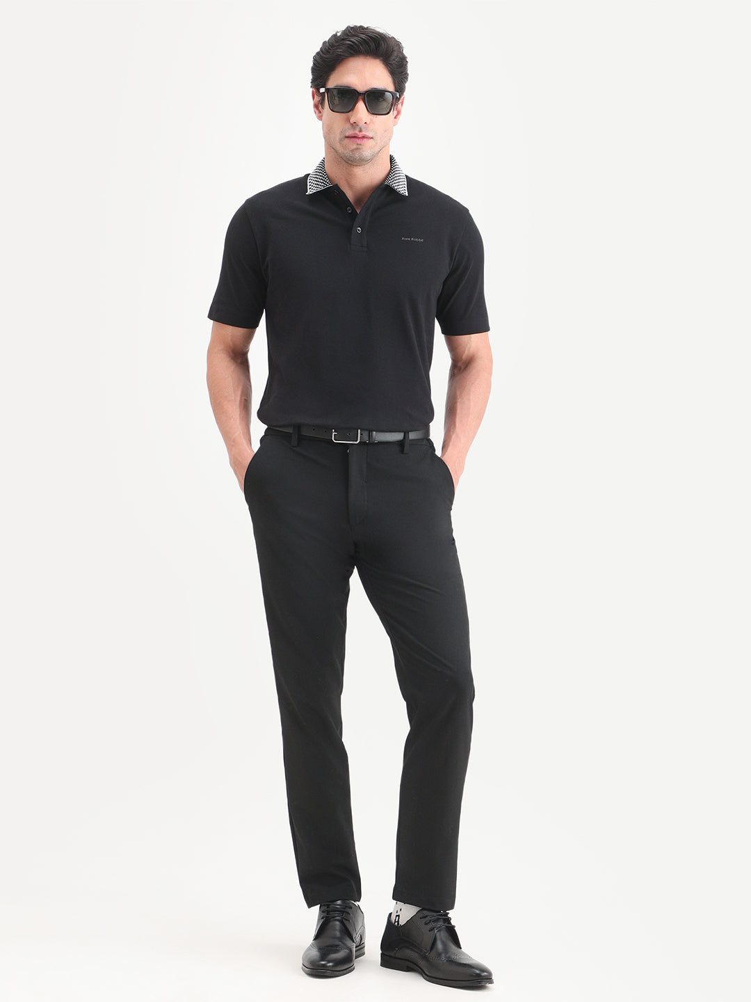 Rare Rabbit Men's Chesk Black Cotton Blend Fabric Half Sleeve Spread Collar Regular Fit Plain Polo