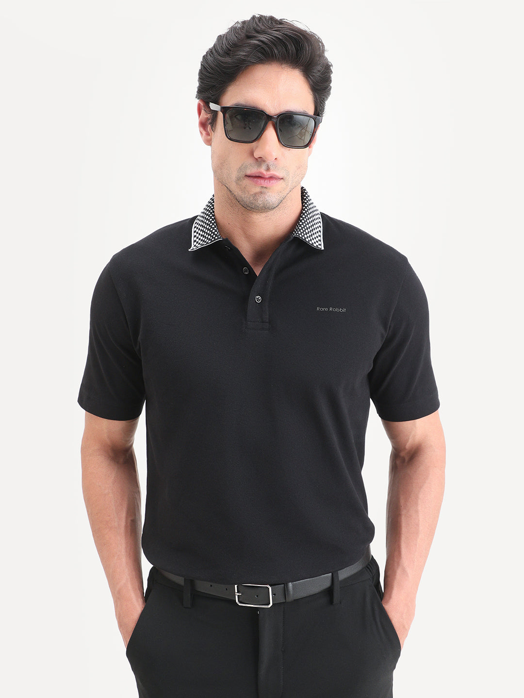 Rare Rabbit Men's Chesk Black Cotton Blend Fabric Half Sleeve Spread Collar Regular Fit Plain Polo