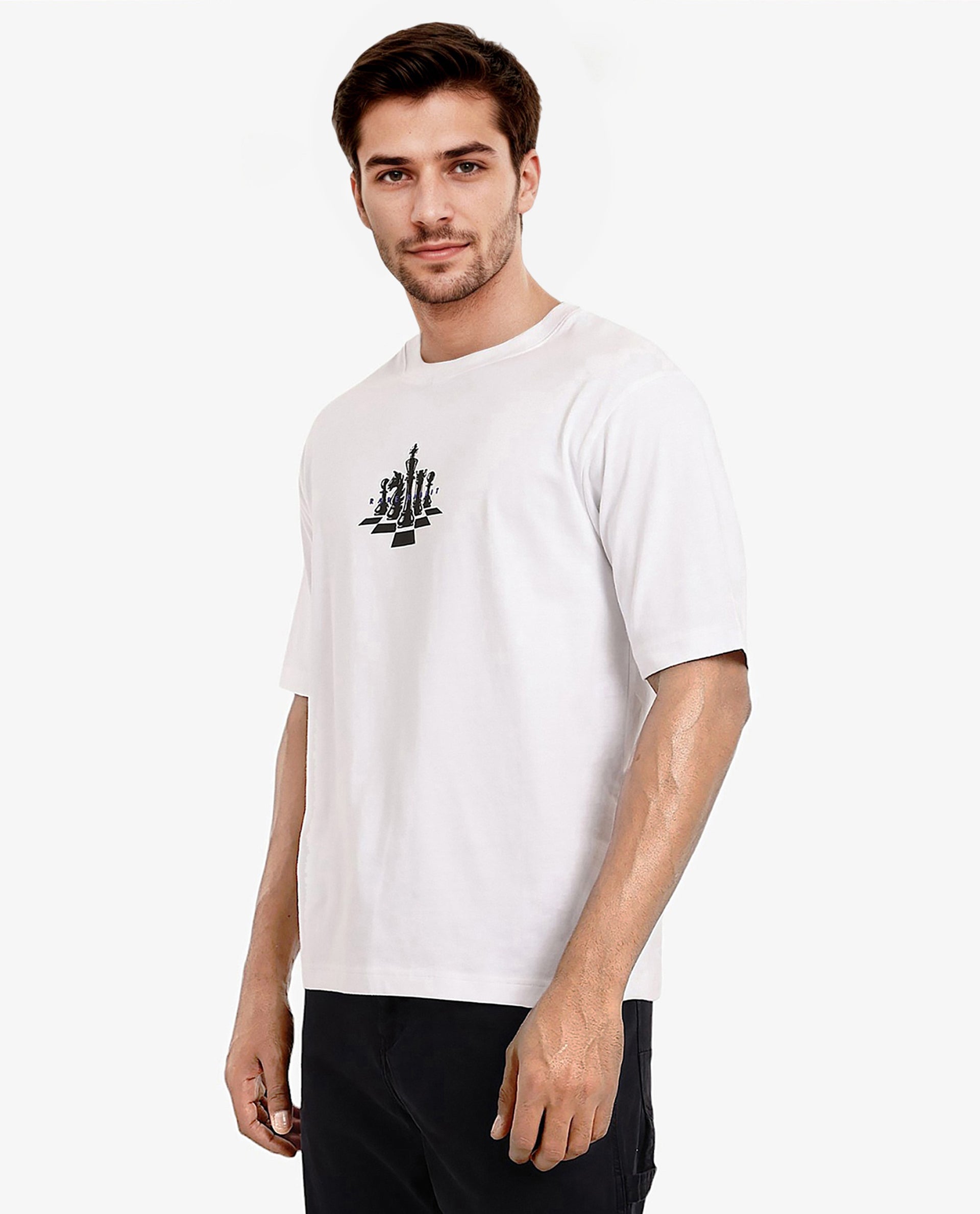 Rare Rabbit Men Chess White Cotton Fabric Short Sleeve Crew Neck Oversized Fit Graphic Print T-Shirt