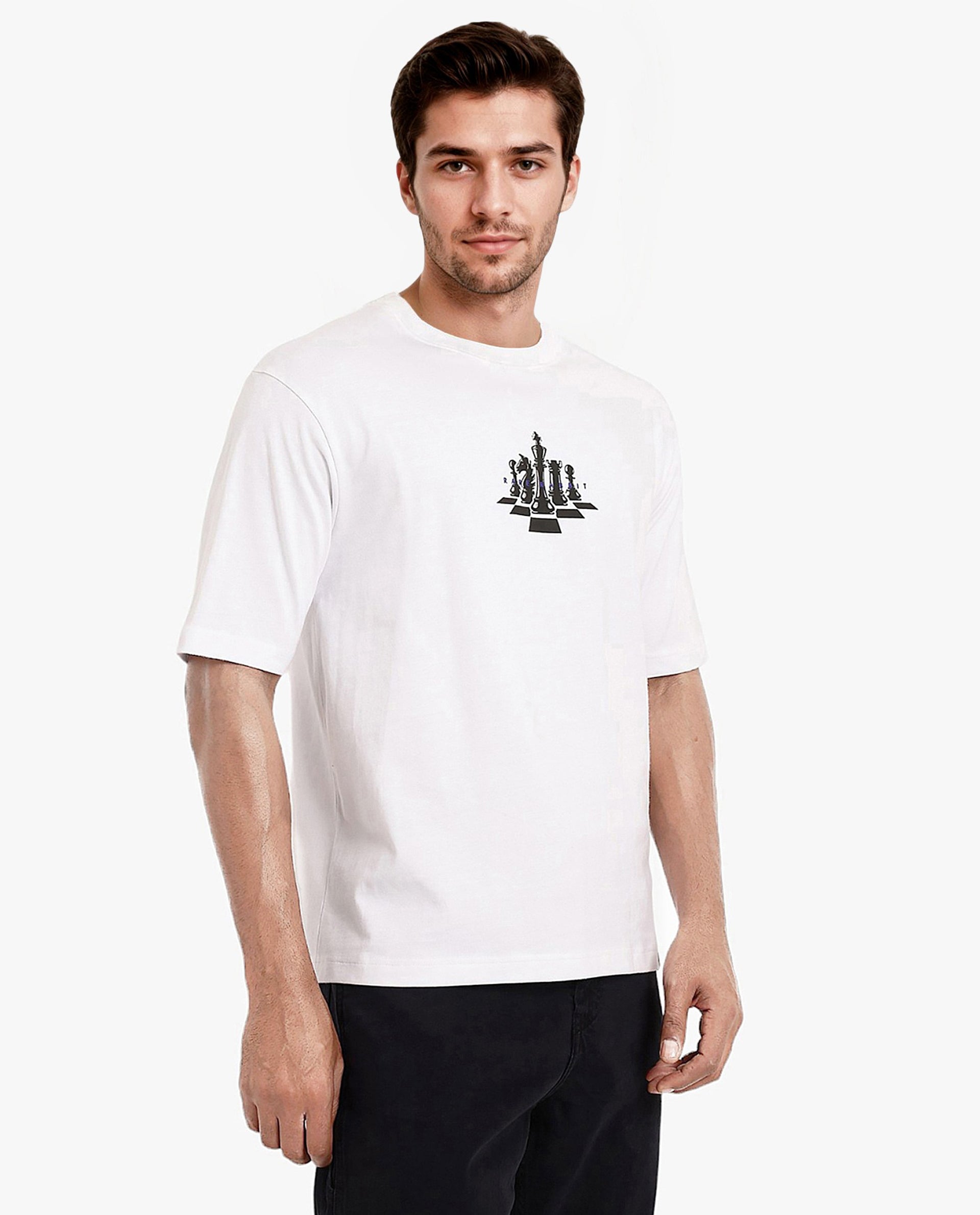 Rare Rabbit Men Chess White Cotton Fabric Short Sleeve Crew Neck Oversized Fit Graphic Print T-Shirt