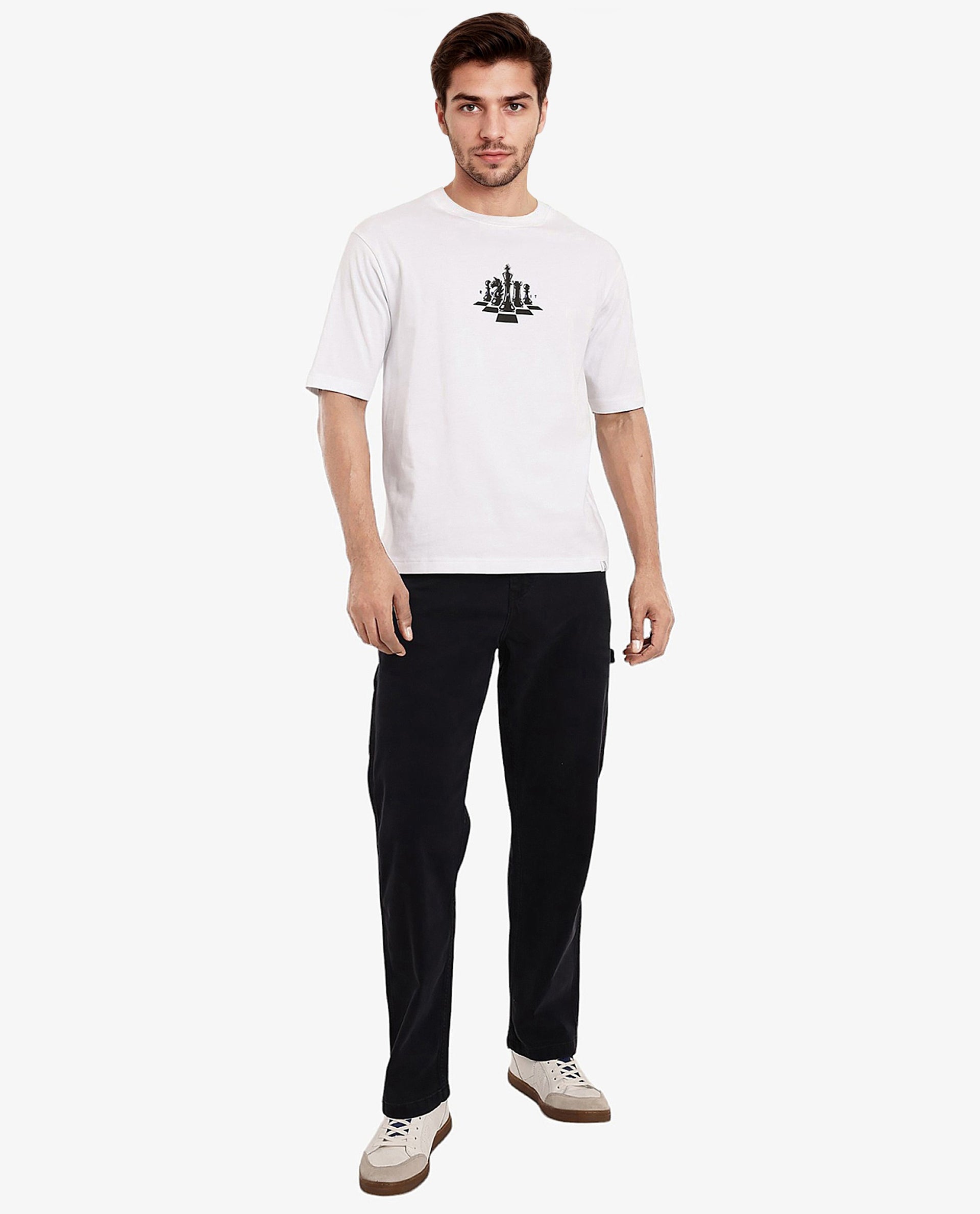Rare Rabbit Men Chess White Cotton Fabric Short Sleeve Crew Neck Oversized Fit Graphic Print T-Shirt