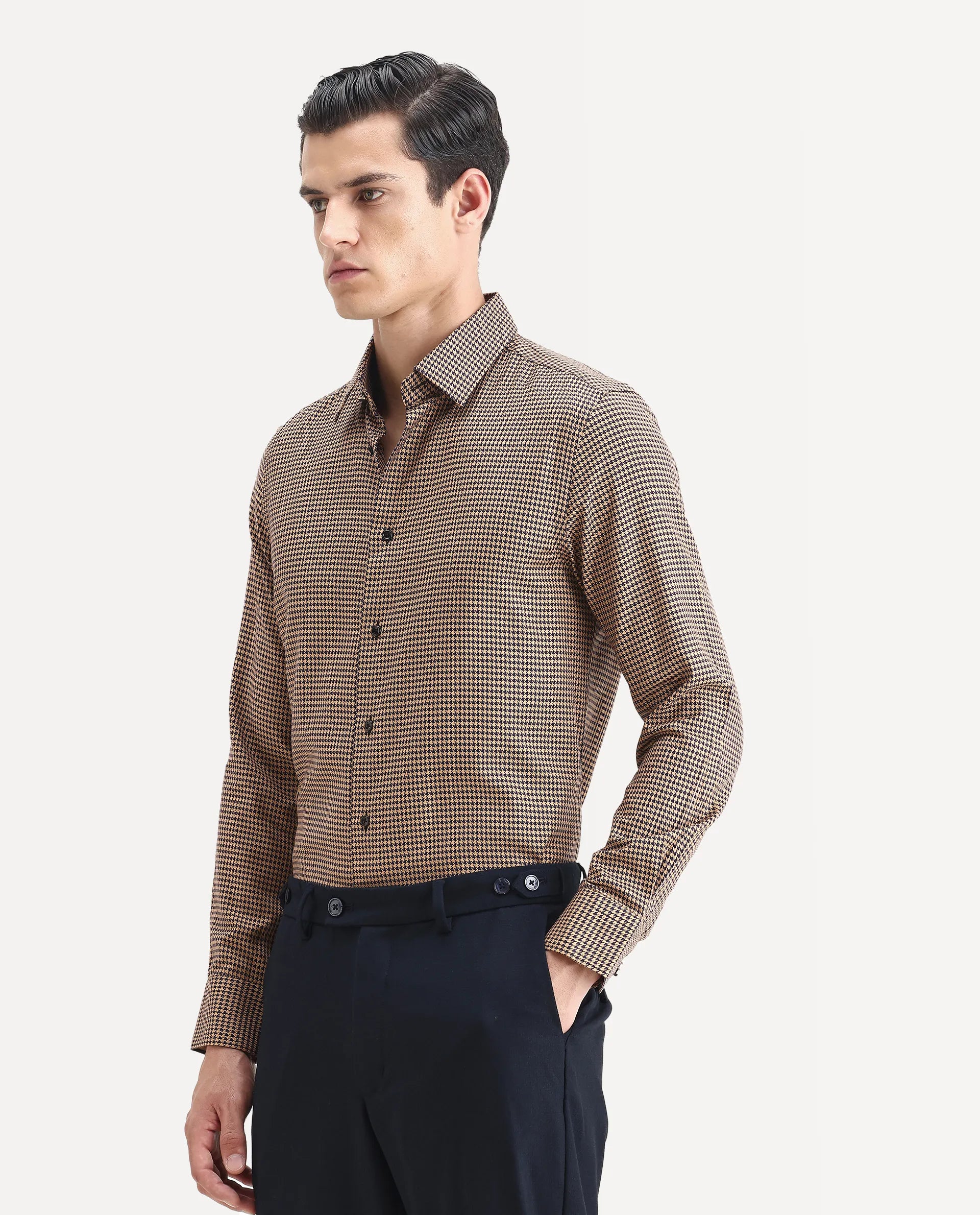 Rare Rabbit Men's Chesto Beige Cotton Blend Checked Print Regular Fit Full Sleeve Collared Shirt