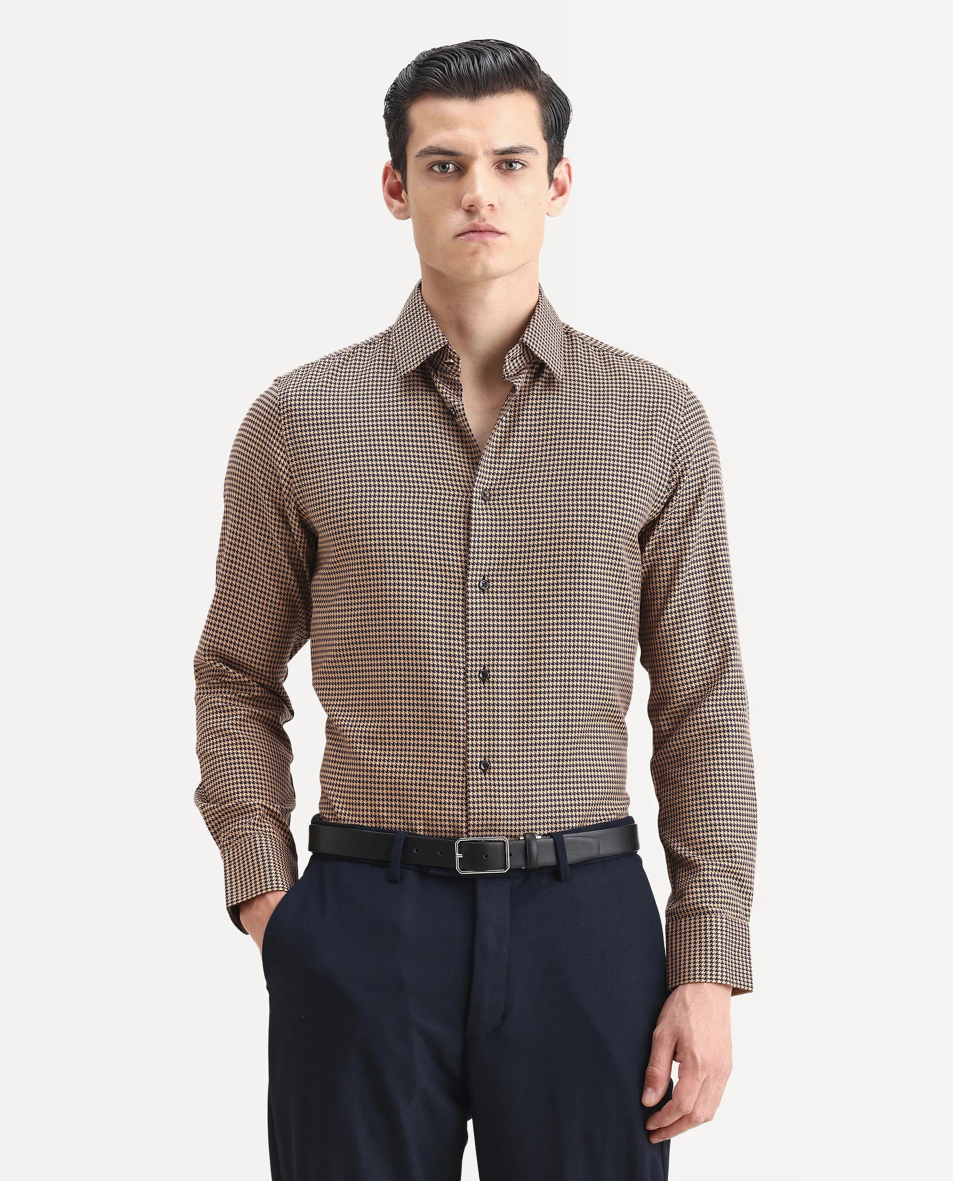 Rare Rabbit Men's Chesto Beige Cotton Blend Checked Print Regular Fit Full Sleeve Collared Shirt